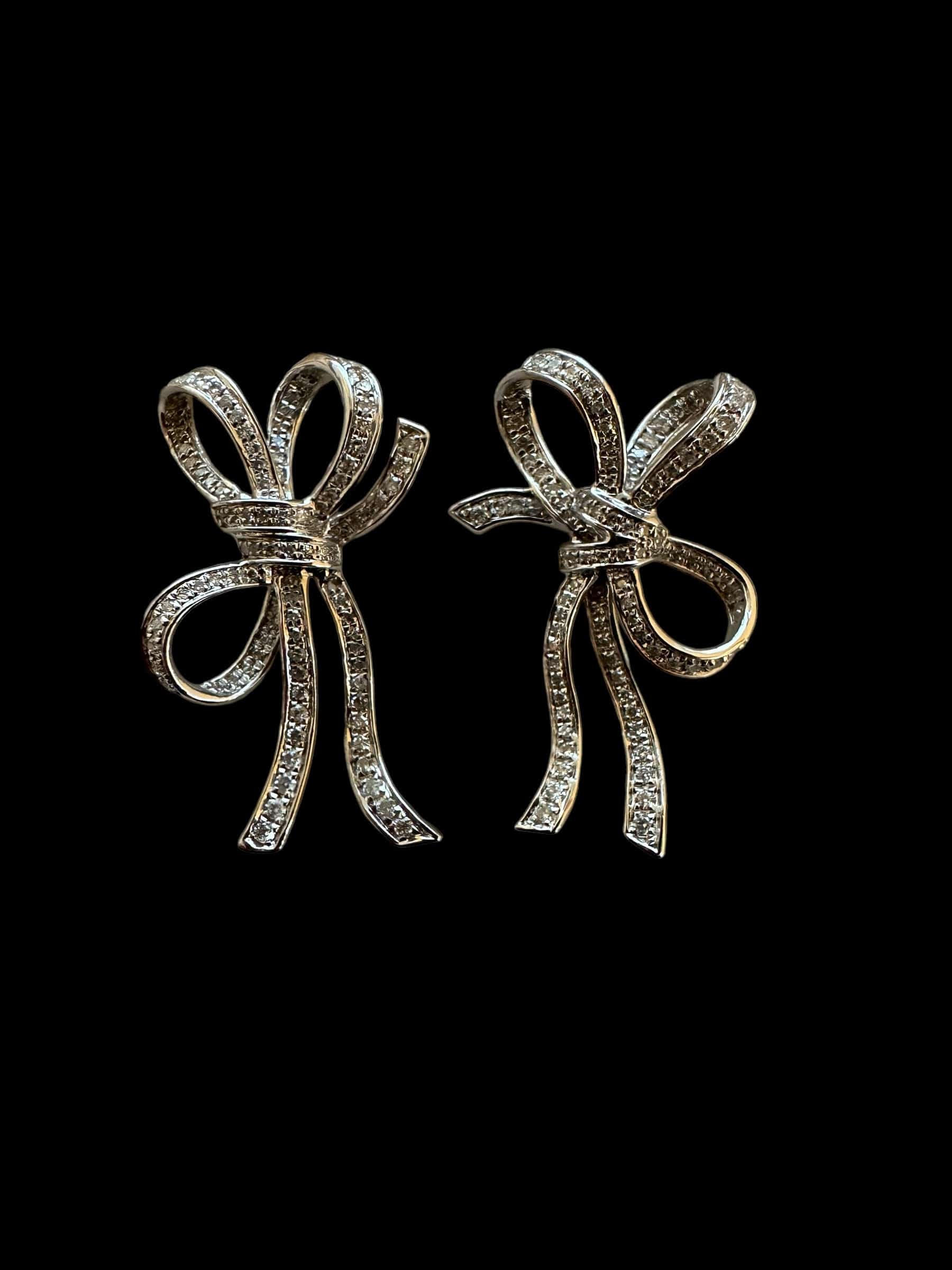 Luxury Promise Long Diamond Bow Earrings set in 18K White Gold