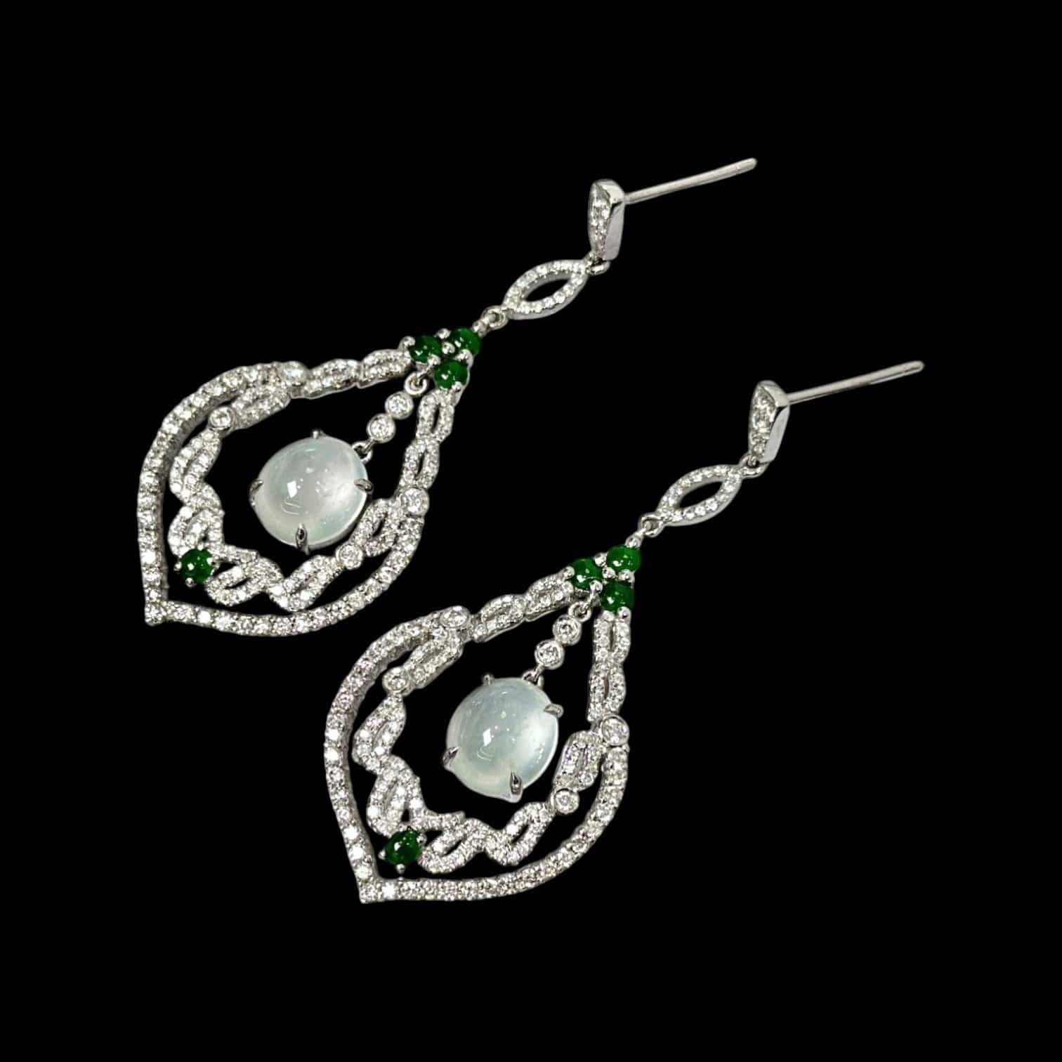 Luxury Promise White 8.1mm & 7.1mm Jade Cabochon & 1.70ct White Diamond Earrings set in 18K White Gold