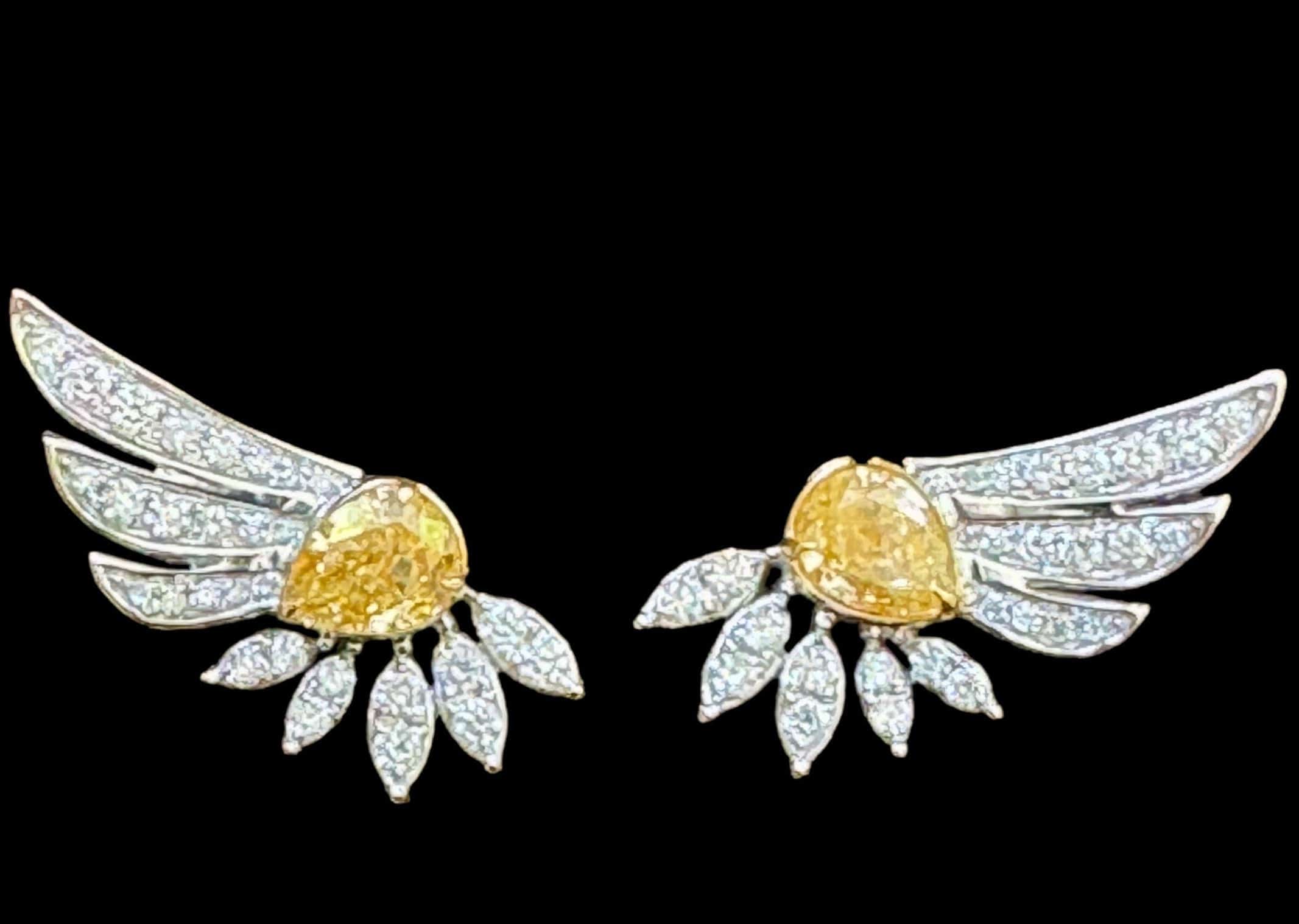 Luxury Promise Yellow Diamonds Set in Wing Shaped Diamonds Stud Earrings