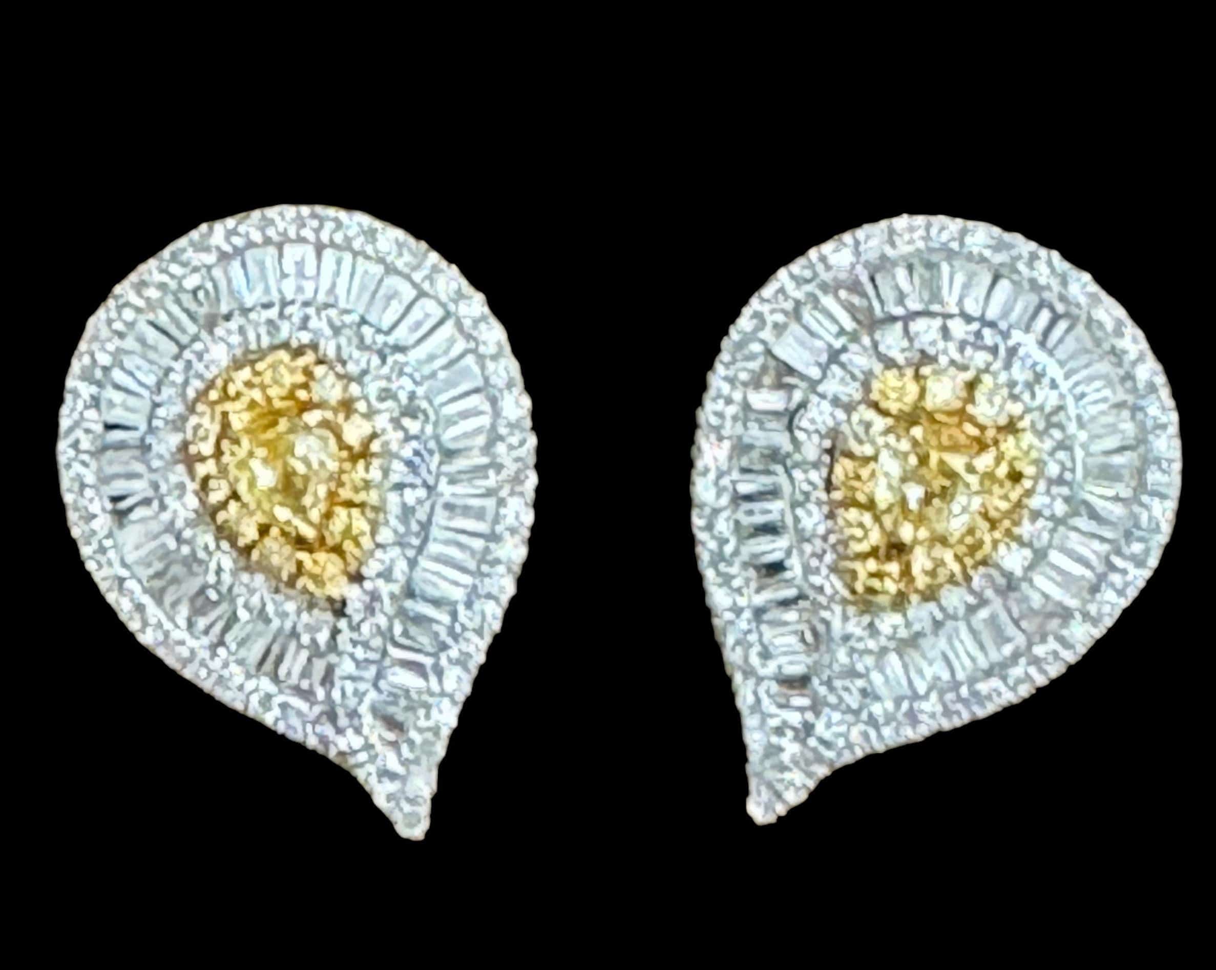 Luxury Promise Yellow Pear Diamonds With Surrounding Round & Baguette Diamond Stud Earrings