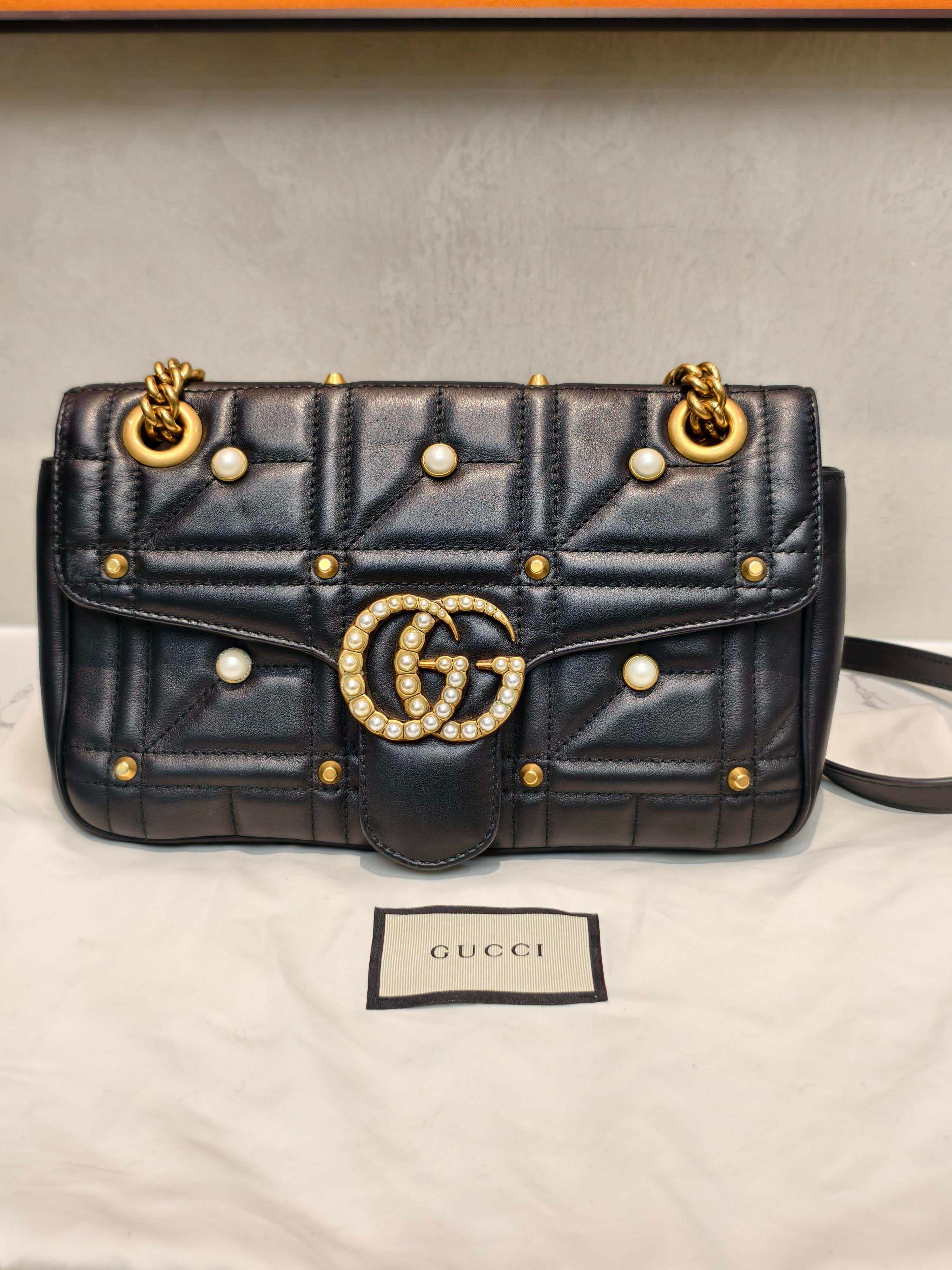 LUXURY PROMISE Gucci GG Marmont Pearl Stud Quilted Leather Crossbody Bag