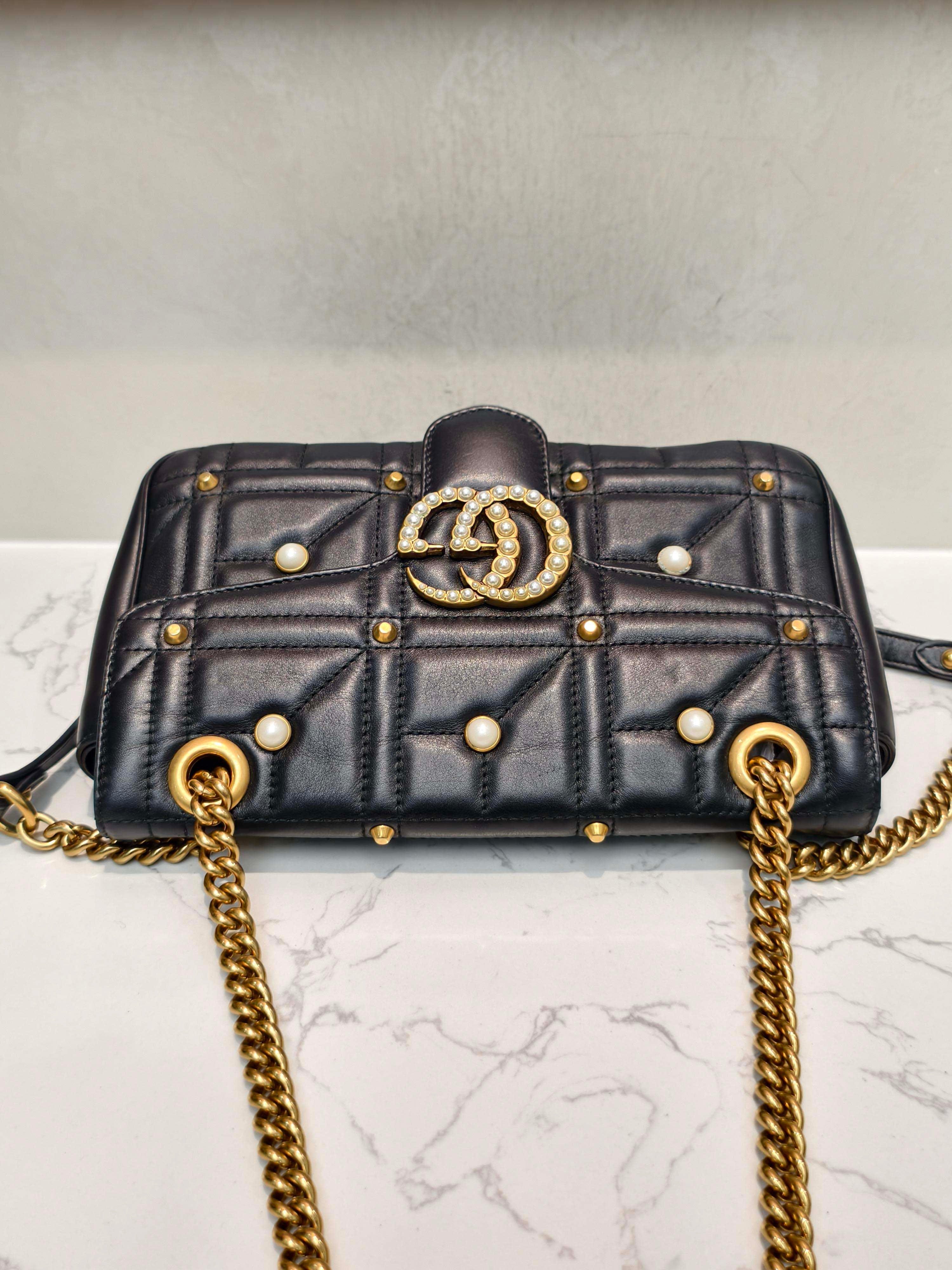 LUXURY PROMISE Gucci GG Marmont Pearl Stud Quilted Leather Crossbody Bag