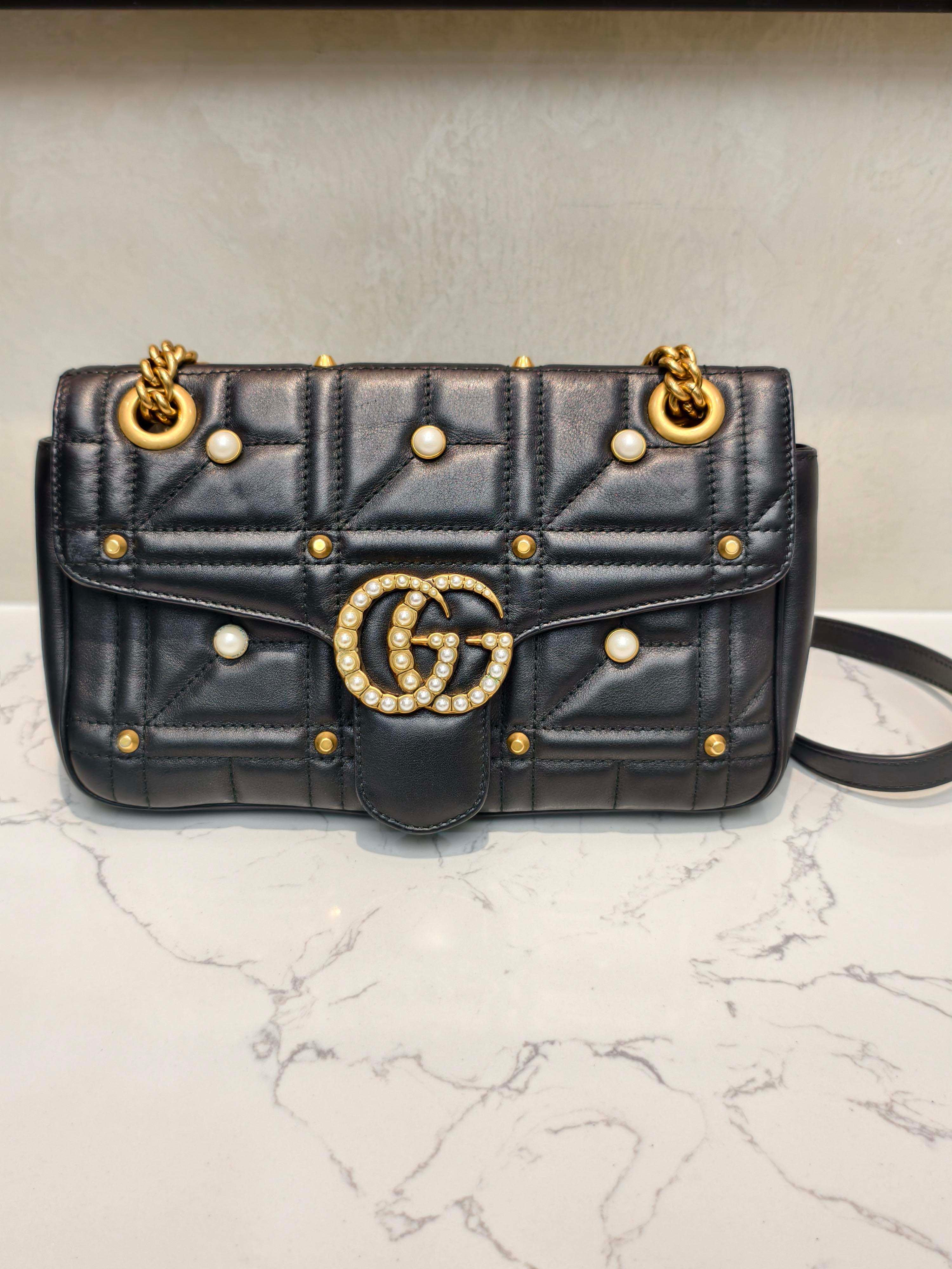 LUXURY PROMISE Gucci GG Marmont Pearl Stud Quilted Leather Crossbody Bag