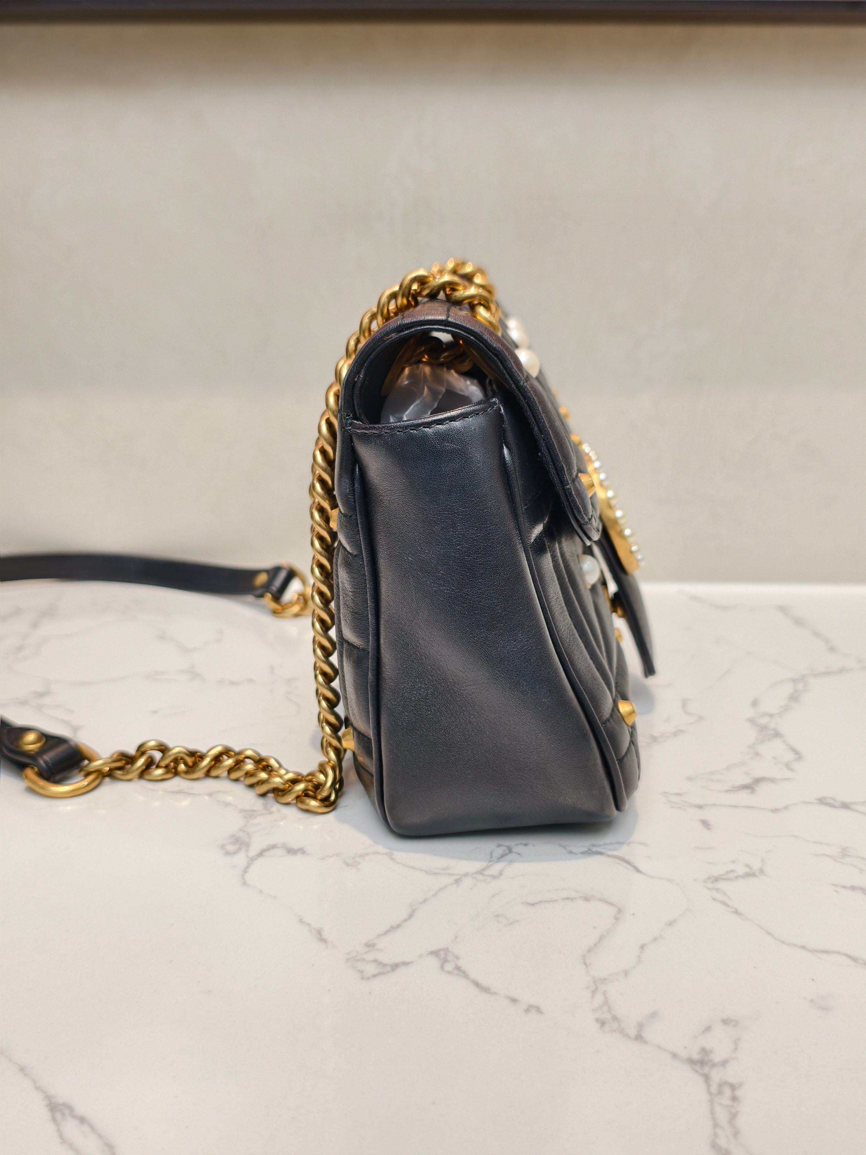 LUXURY PROMISE Gucci GG Marmont Pearl Stud Quilted Leather Crossbody Bag