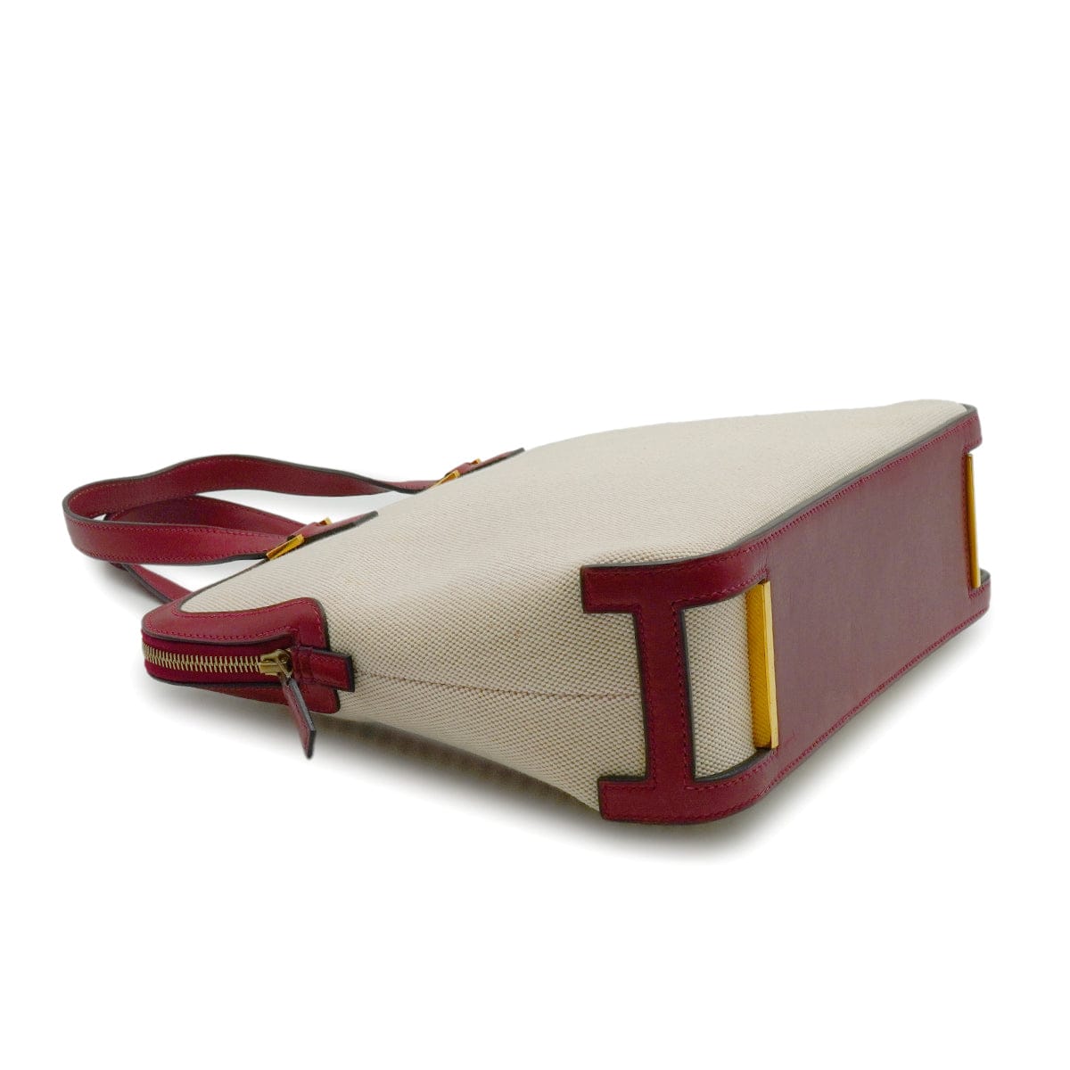LUXURY PROMISE HERMES ESCAPADA ROUGE H TOILE H BOX CALF HAND BAG 2002 SQUARE F GOLD HARDWARE 90341717