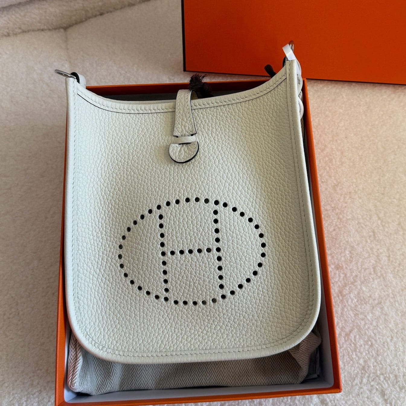 LUXURY PROMISE Hermès Evelyne Mini Crossbody Bag | Craie Togo Leather Perforated H Logo Shoulder Bag