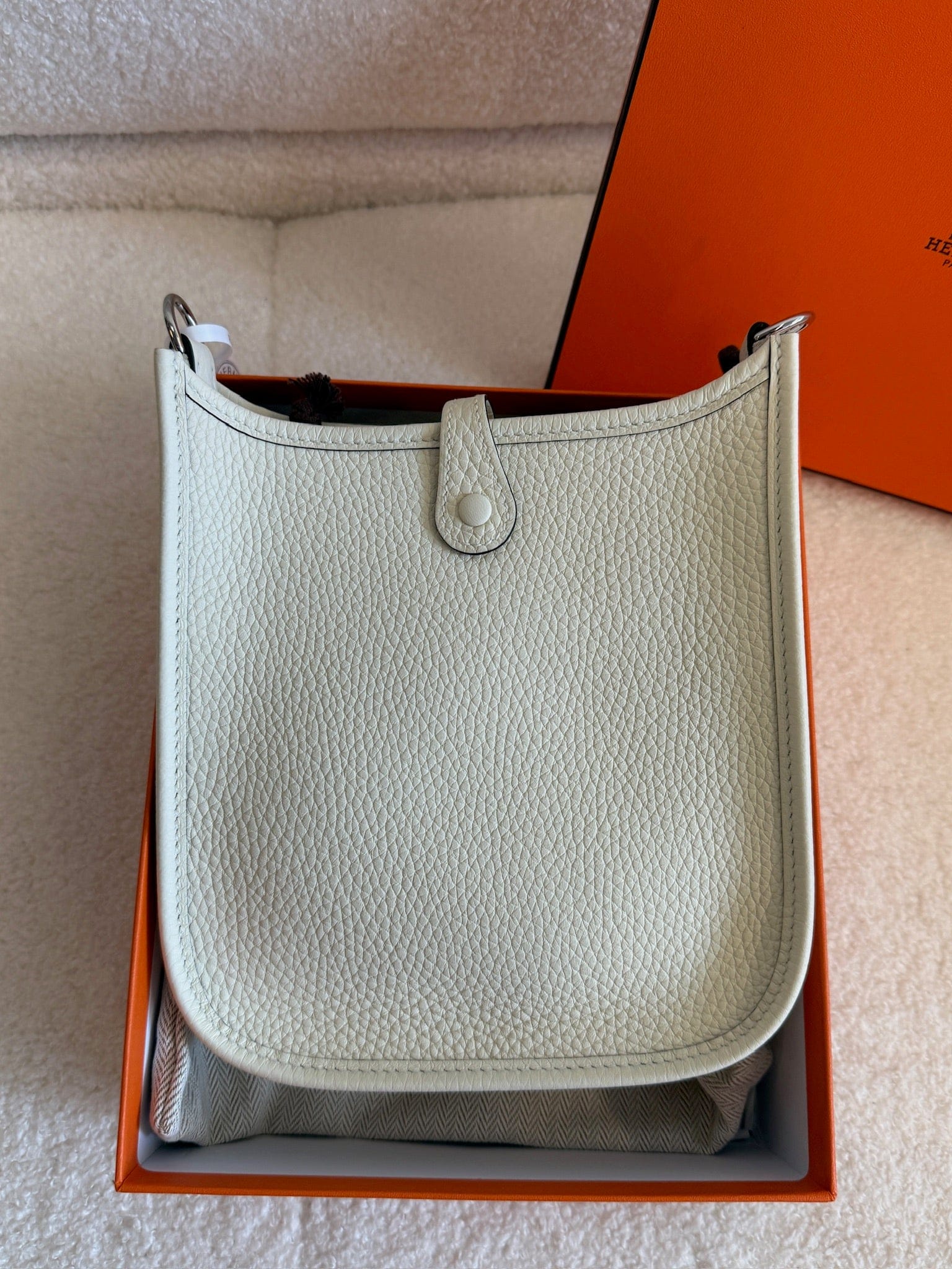 LUXURY PROMISE Hermès Evelyne Mini Crossbody Bag | Craie Togo Leather Perforated H Logo Shoulder Bag