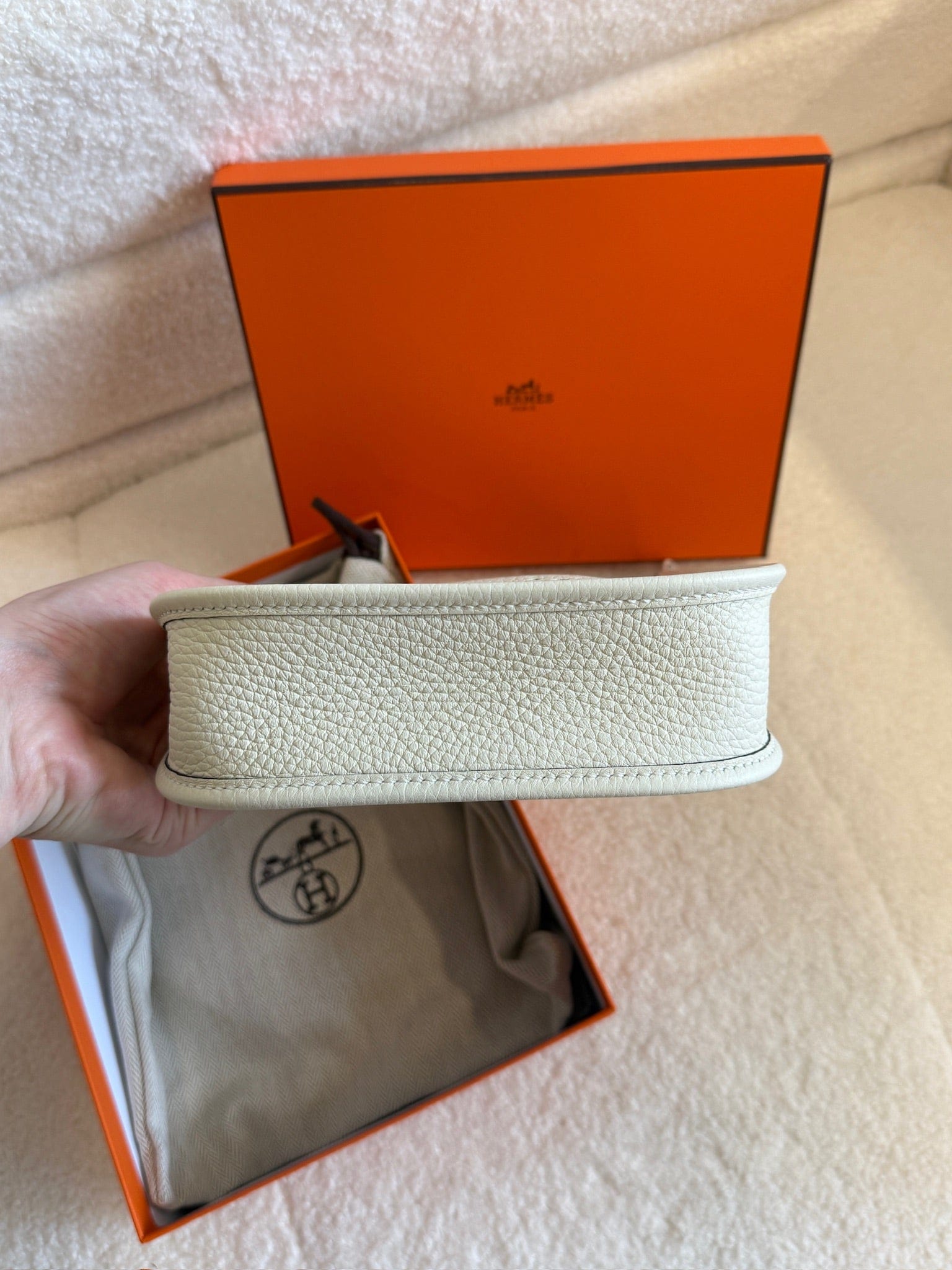 LUXURY PROMISE Hermès Evelyne Mini Crossbody Bag | Craie Togo Leather Perforated H Logo Shoulder Bag