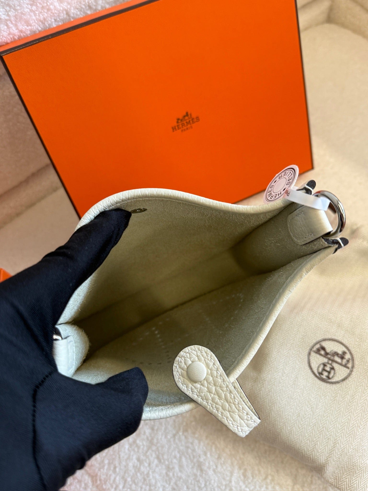 LUXURY PROMISE Hermès Evelyne Mini Crossbody Bag | Craie Togo Leather Perforated H Logo Shoulder Bag