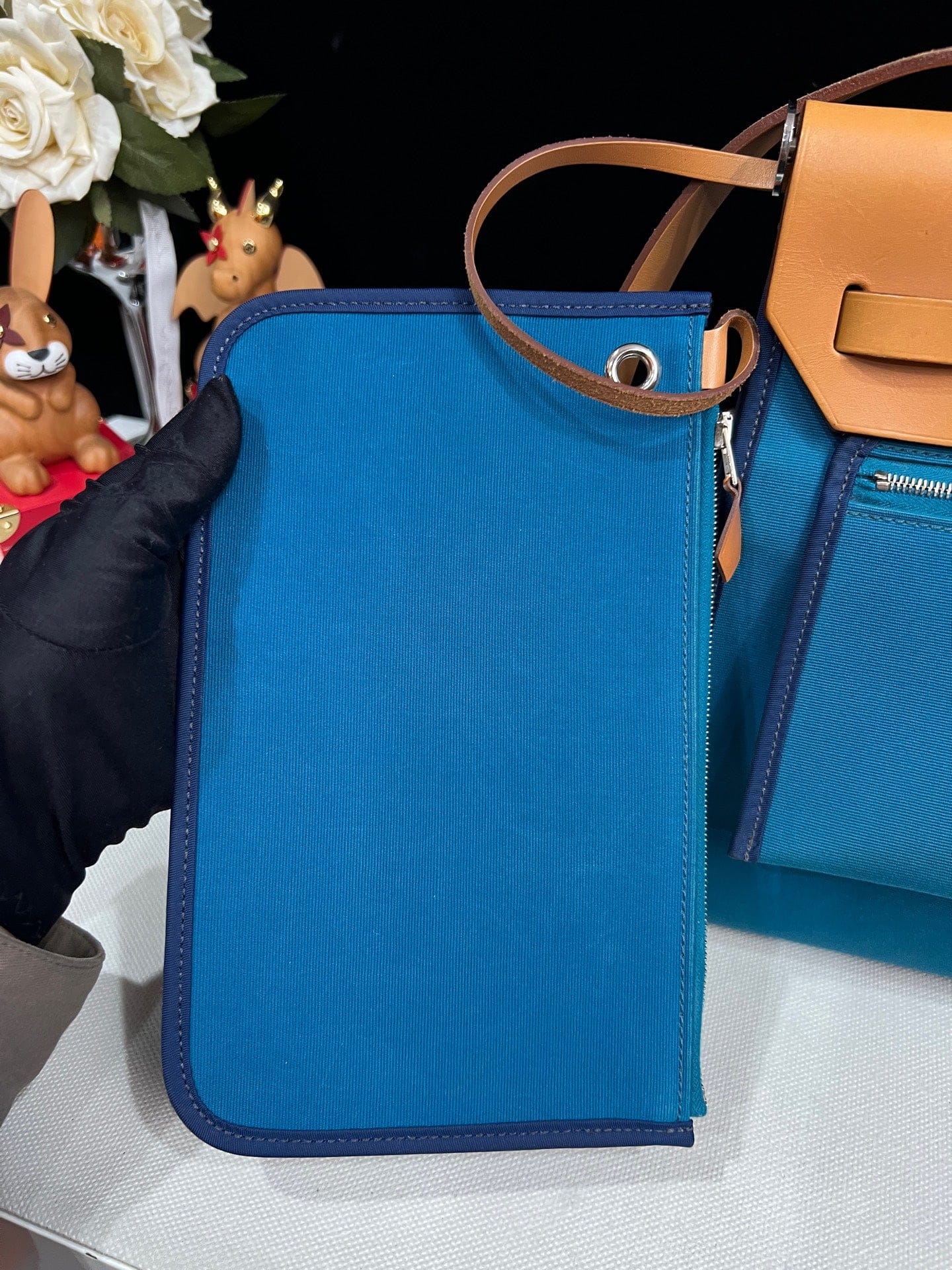 Luxury Promise Hermès Herbag 31 Blue Canvas Gold Brown Leather Palladium Hardware Q Stamp