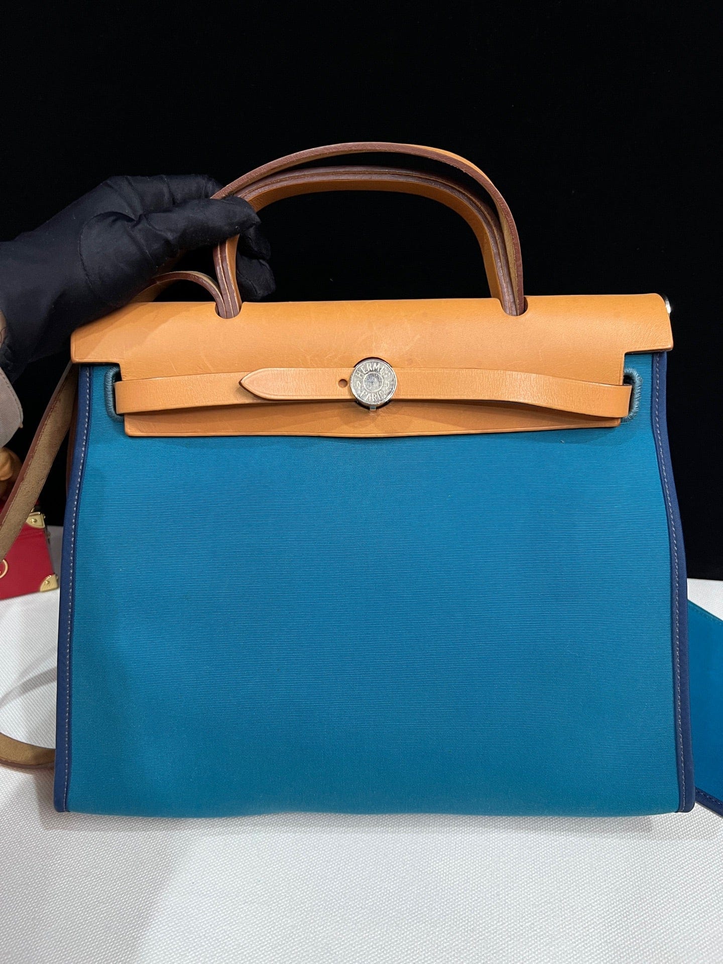 Luxury Promise Hermès Herbag 31 Blue Canvas Gold Brown Leather Palladium Hardware Q Stamp