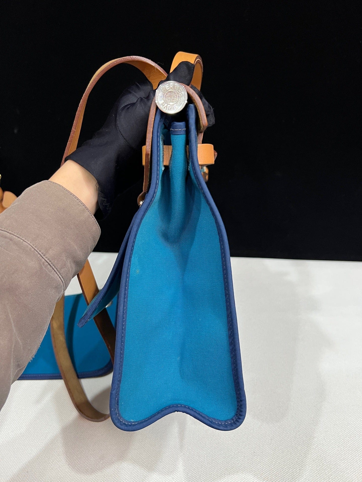 Luxury Promise Hermès Herbag 31 Blue Canvas Gold Brown Leather Palladium Hardware Q Stamp
