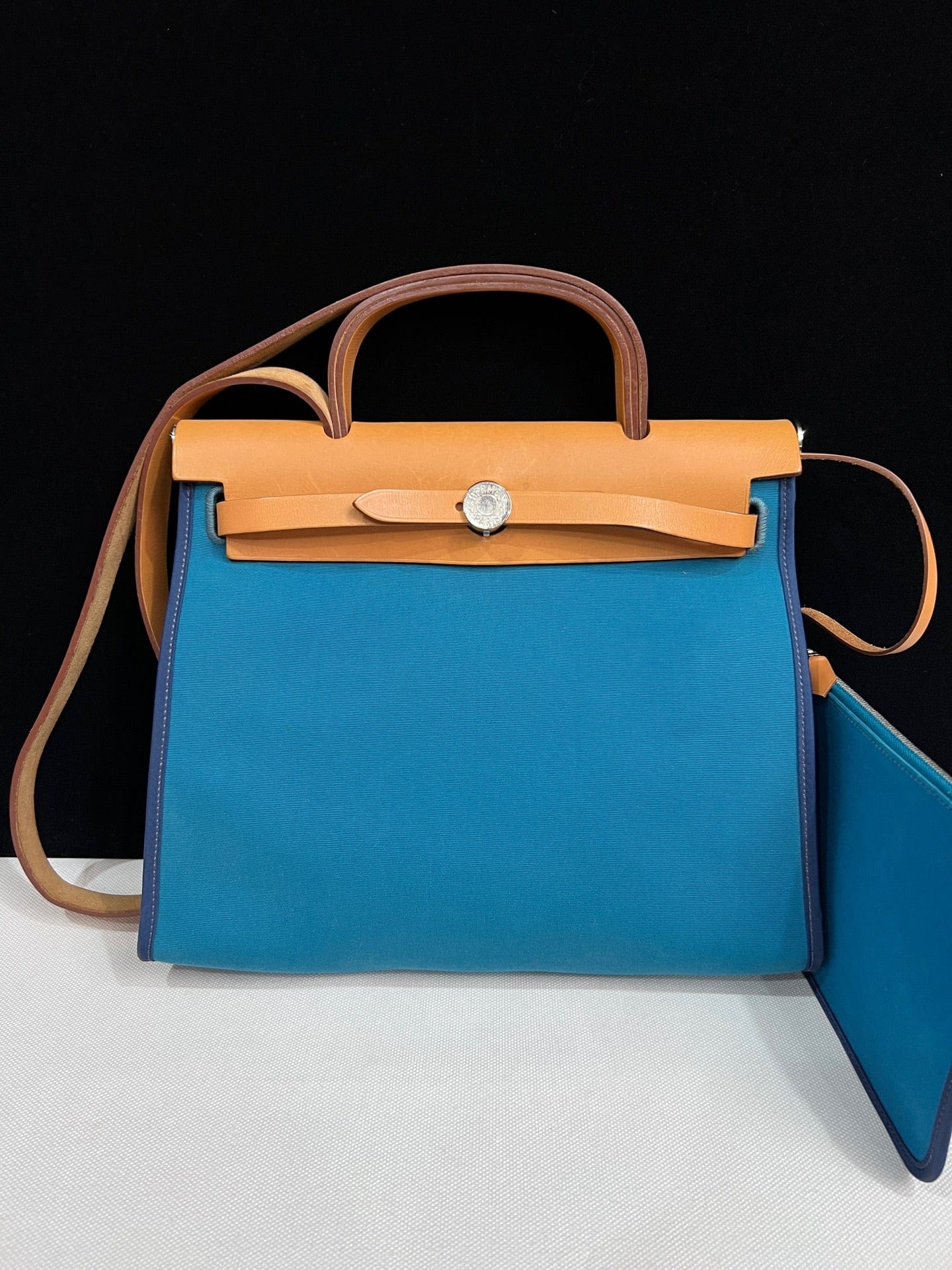 Luxury Promise Hermès Herbag 31 Blue Canvas Gold Brown Leather Palladium Hardware Q Stamp