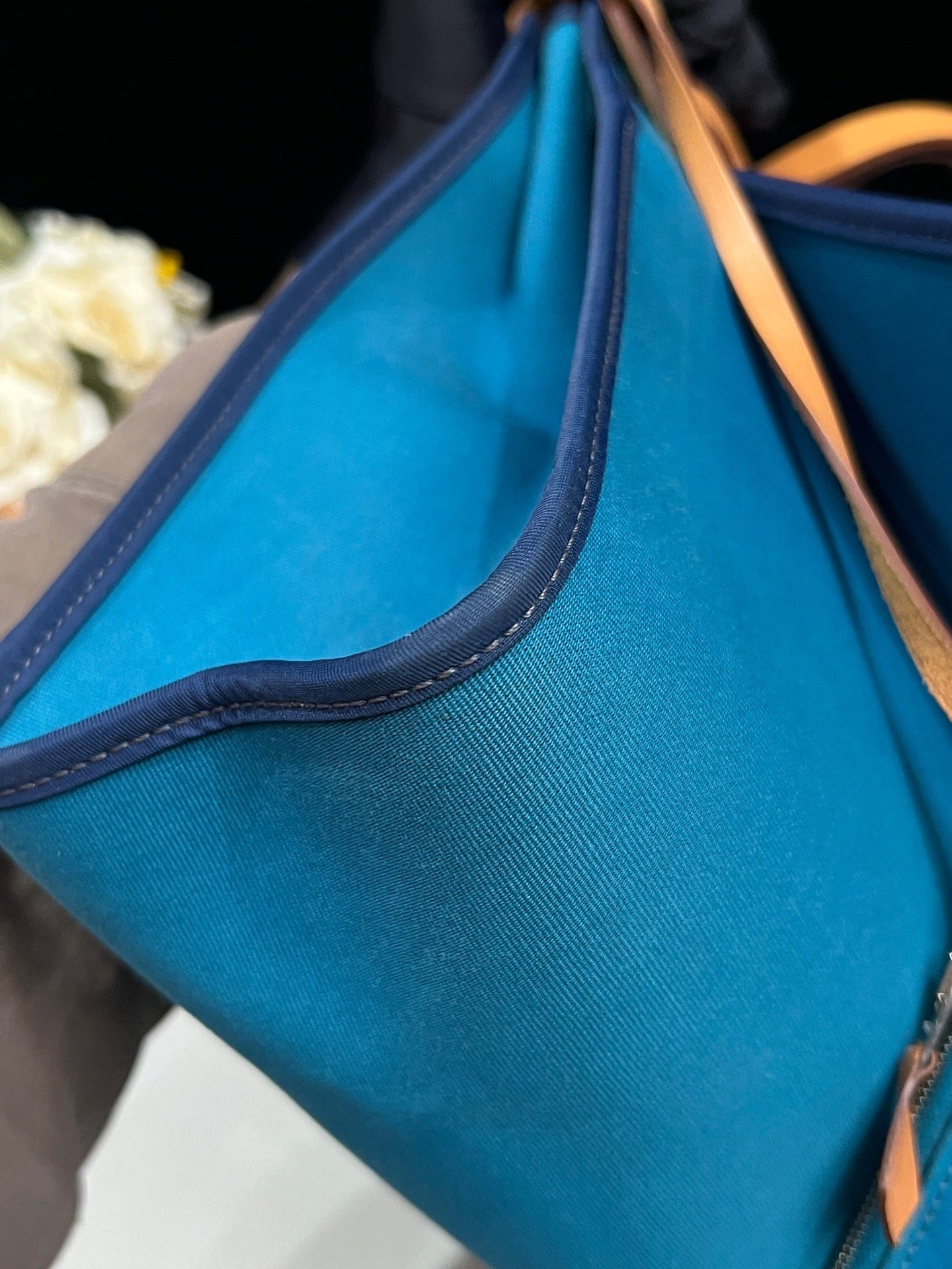 Luxury Promise Hermès Herbag 31 Blue Canvas Gold Brown Leather Palladium Hardware Q Stamp