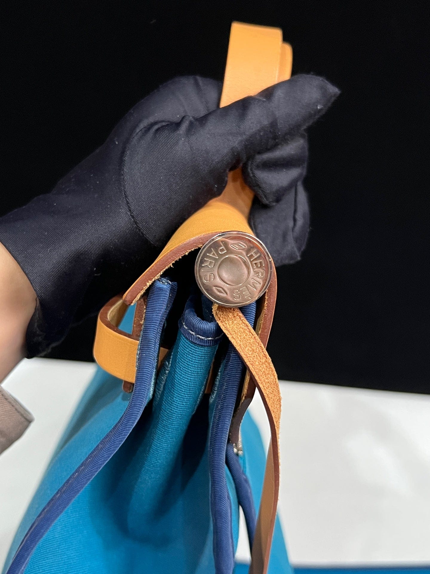 Luxury Promise Hermès Herbag 31 Blue Canvas Gold Brown Leather Palladium Hardware Q Stamp