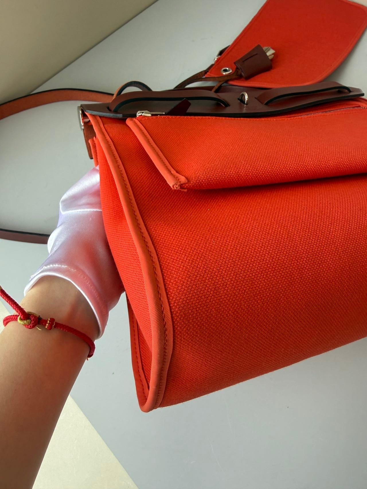 LUXURY PROMISE Hermès Herbag Zip 31 - Geranium Canvas & Rouge Sellier Leather (Y Stamp)