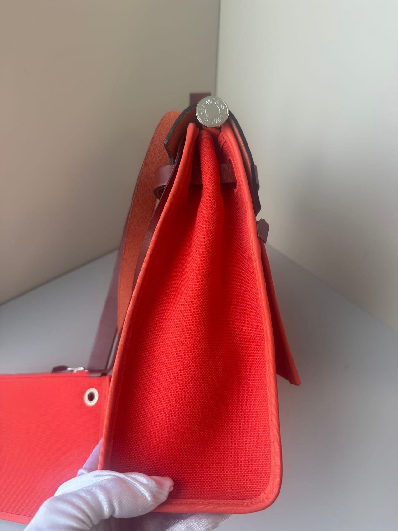 LUXURY PROMISE Hermès Herbag Zip 31 - Geranium Canvas & Rouge Sellier Leather (Y Stamp)