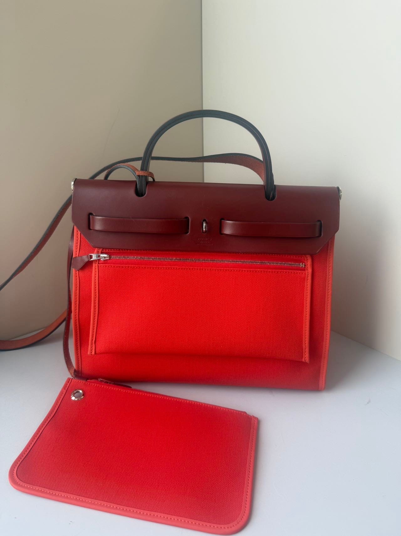 LUXURY PROMISE Hermès Herbag Zip 31 - Geranium Canvas & Rouge Sellier Leather (Y Stamp)