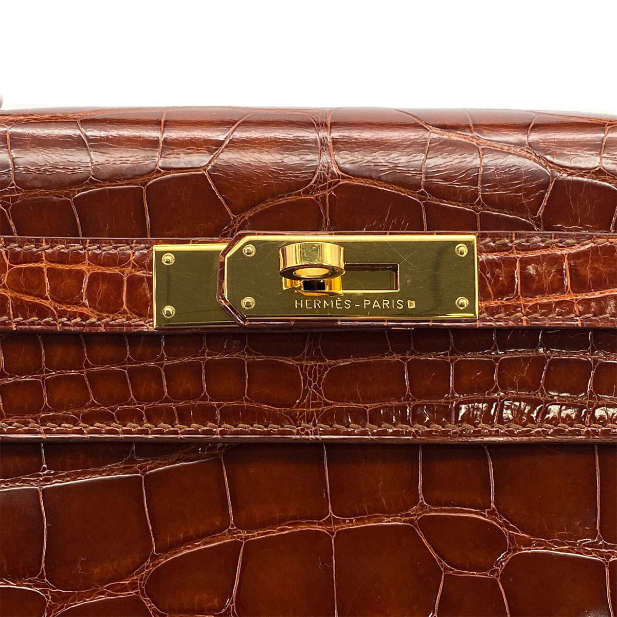 LUXURY PROMISE HERMES KELLY 28 SELLIER MIEL CROCODILE ALLIGATOR HAND SHOULDER BAG 1992 CIRCLE V GOLD HARDWARE 90325601