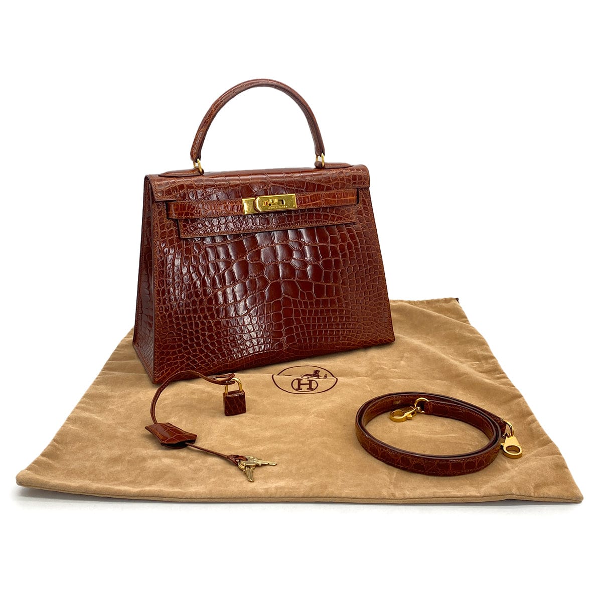 LUXURY PROMISE HERMES KELLY 28 SELLIER MIEL CROCODILE ALLIGATOR HAND SHOULDER BAG 1992 CIRCLE V GOLD HARDWARE 90325601