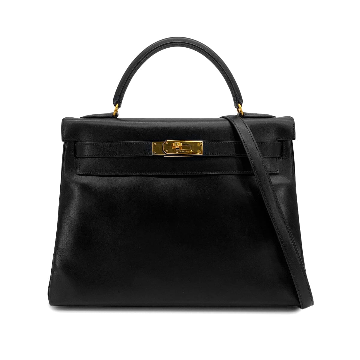 LUXURY PROMISE HERMES KELLY 32 RETOURNE BLACK BOXCALF HAND SHOULDER BAG 1994 CIRCLE X GOLD HARDWARE 90324739
