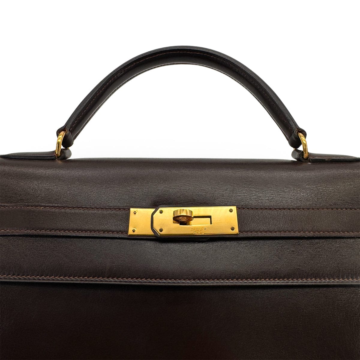 Luxury Promise HERMES KELLY 32 SELLIER MARRON FONCE BOXCALF HAND BAG 1976 CIRCLE F GOLD HARDWARE 90308970