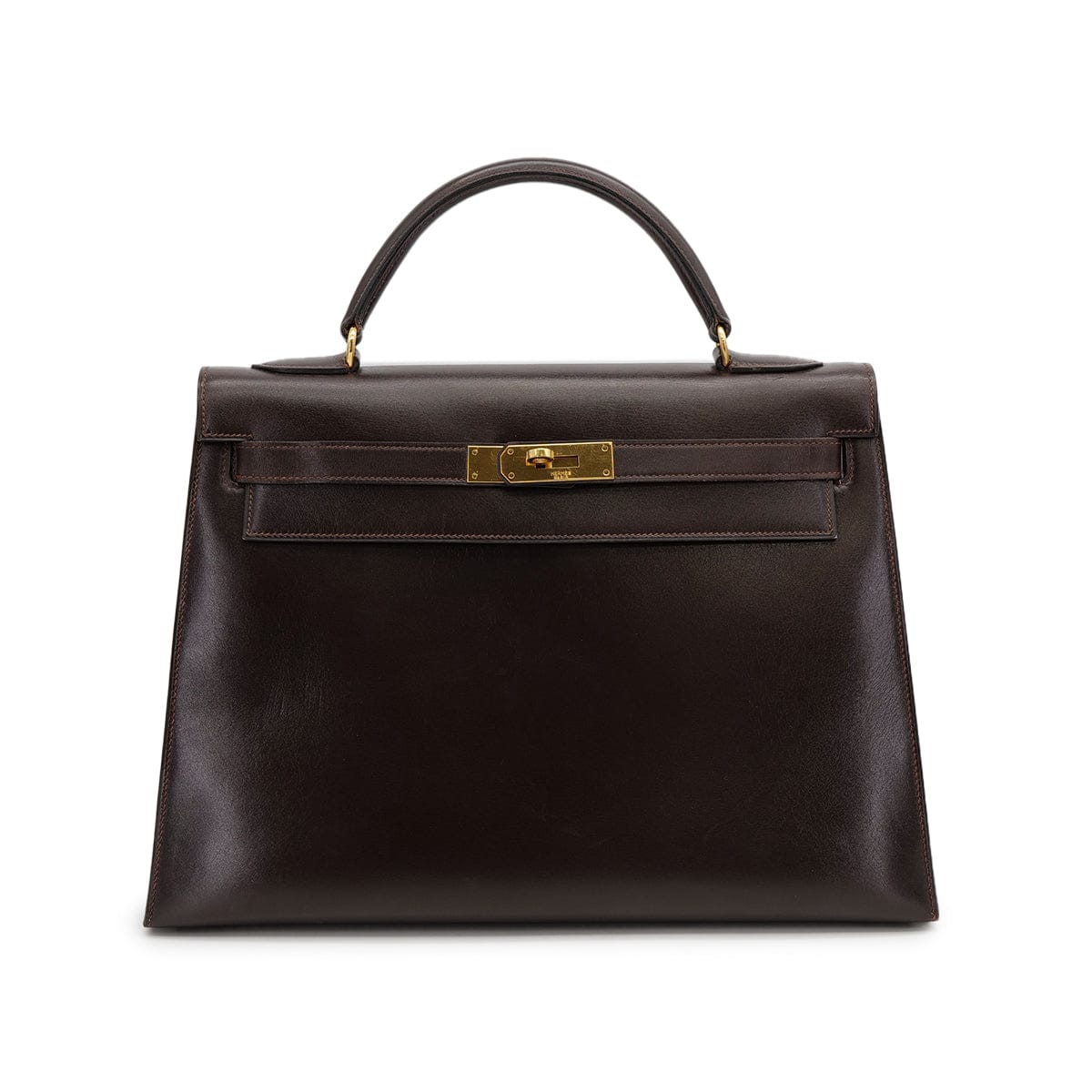 Luxury Promise HERMES KELLY 32 SELLIER MARRON FONCE BOXCALF HAND BAG 1976 CIRCLE F GOLD HARDWARE 90308970
