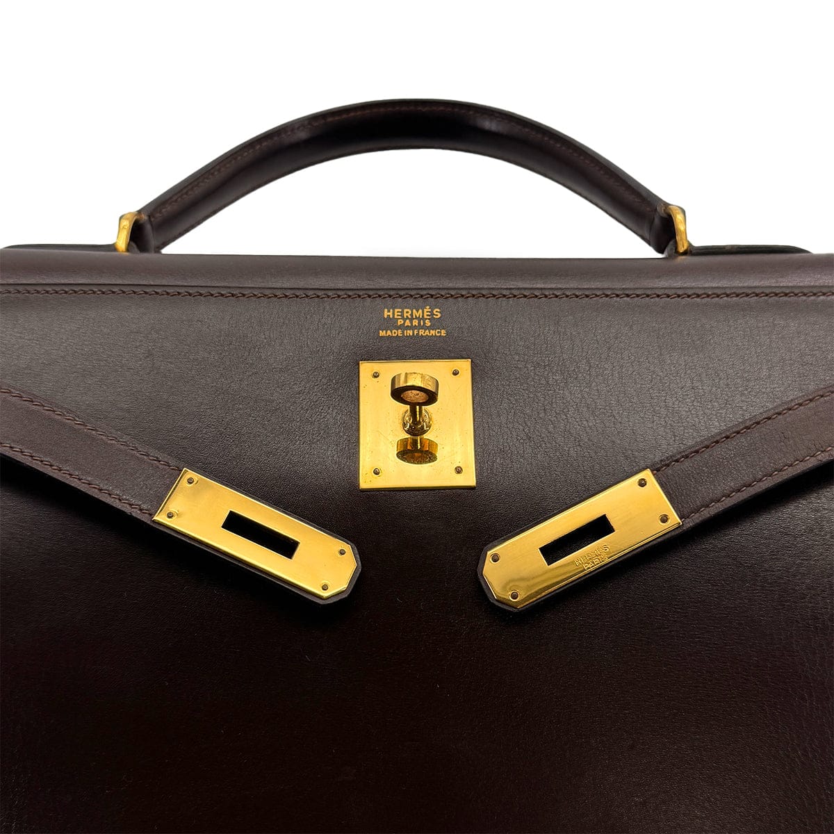 Luxury Promise HERMES KELLY 32 SELLIER MARRON FONCE BOXCALF HAND BAG 1976 CIRCLE F GOLD HARDWARE 90308970