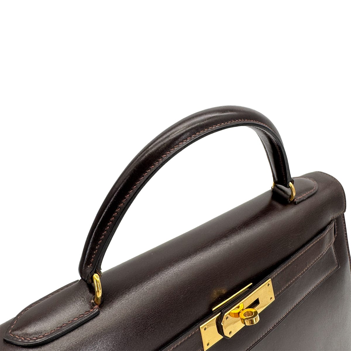 Luxury Promise HERMES KELLY 32 SELLIER MARRON FONCE BOXCALF HAND BAG 1976 CIRCLE F GOLD HARDWARE 90308970