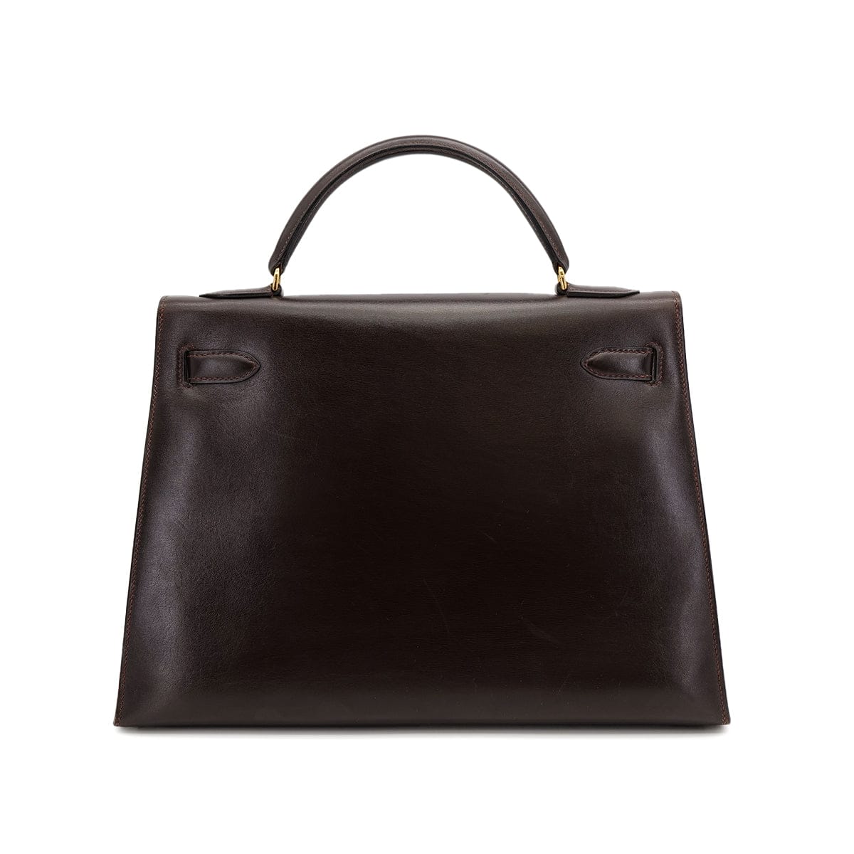 Luxury Promise HERMES KELLY 32 SELLIER MARRON FONCE BOXCALF HAND BAG 1976 CIRCLE F GOLD HARDWARE 90308970