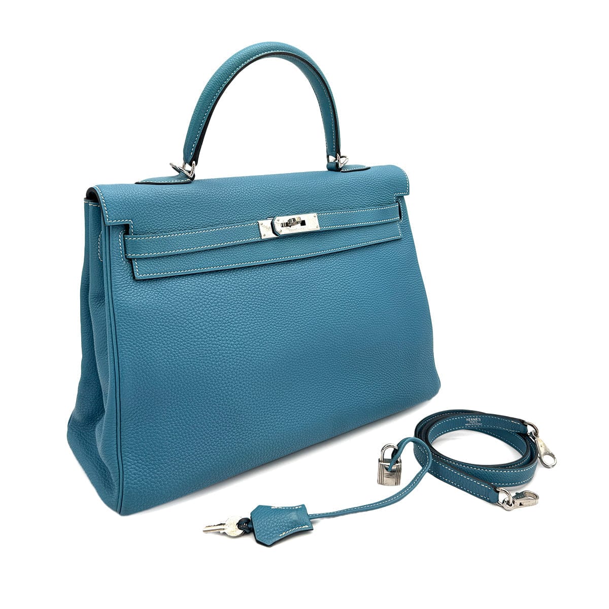 Luxury PROMISE HERMES KELLY 35 RETOURNE BLUE JEAN TAURILLON CLEMENCE HAND SHOULDER BAG 2003 SQUARE G PALLADIUM HARDWARE 90312603