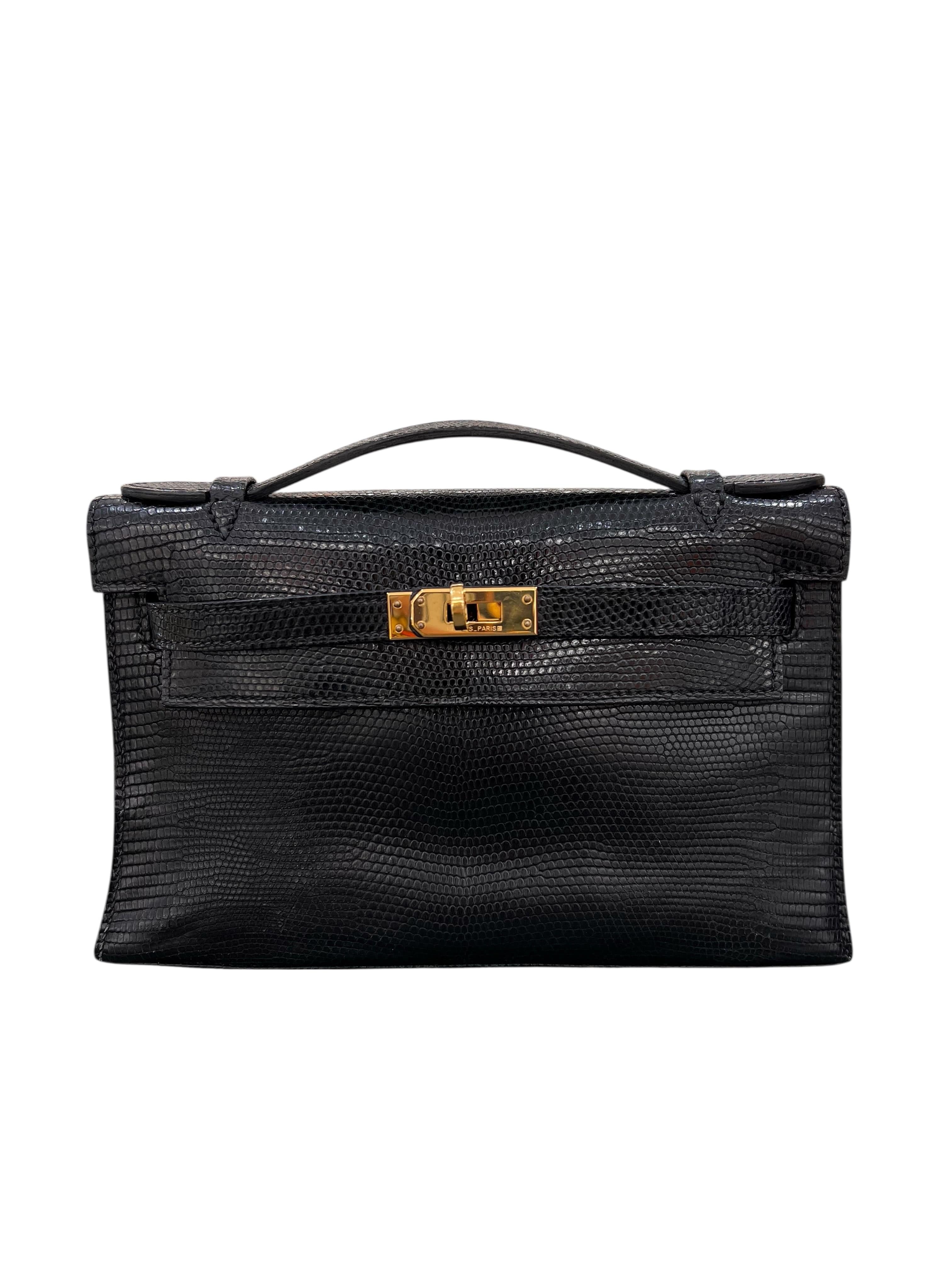 Luxury Promise Hermes Kelly Pochette Shiny Lizard Black GHW #N