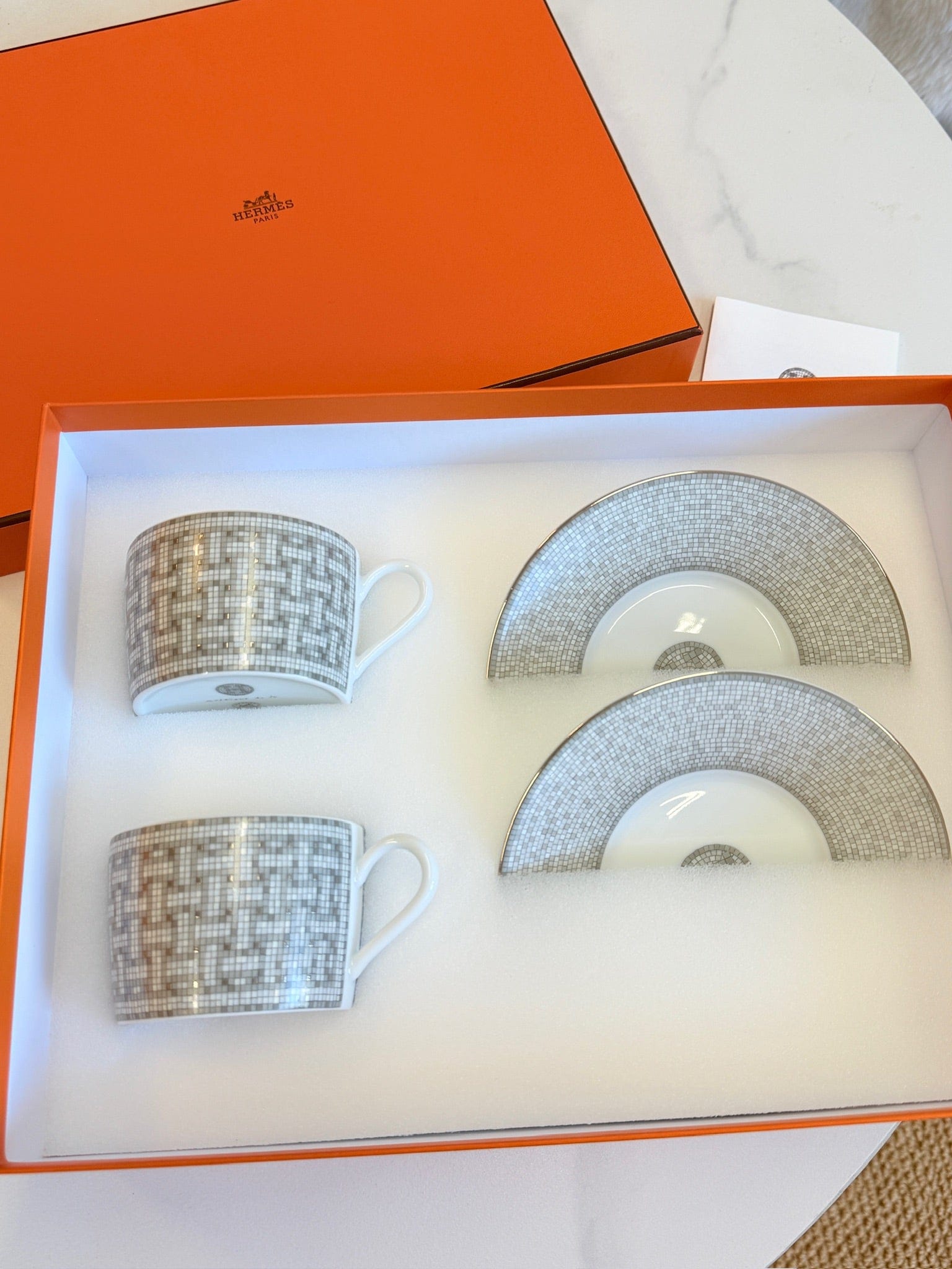 Luxury Promise Hermès "Mosaique au 24 Platinum" Coffee Cup & Saucer Set
