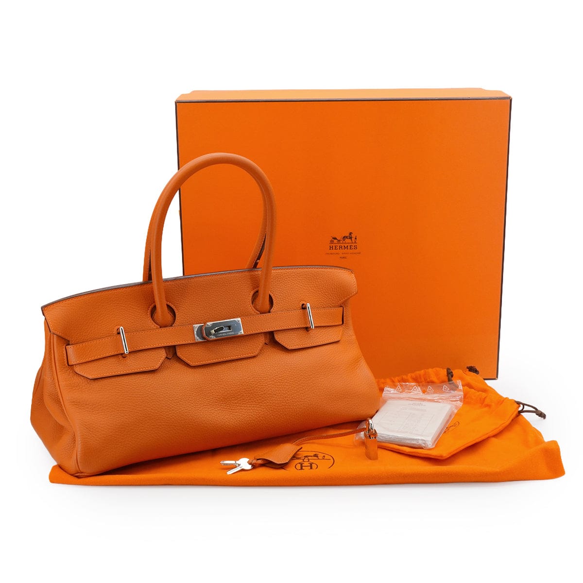 LUXURY PROMISE HERMES SHOULDER BIRKIN ORANGE TAURILLON CLEMENCE HAND BAG 2005 SQUARE I PALLADIUM HARDWARE 90339634