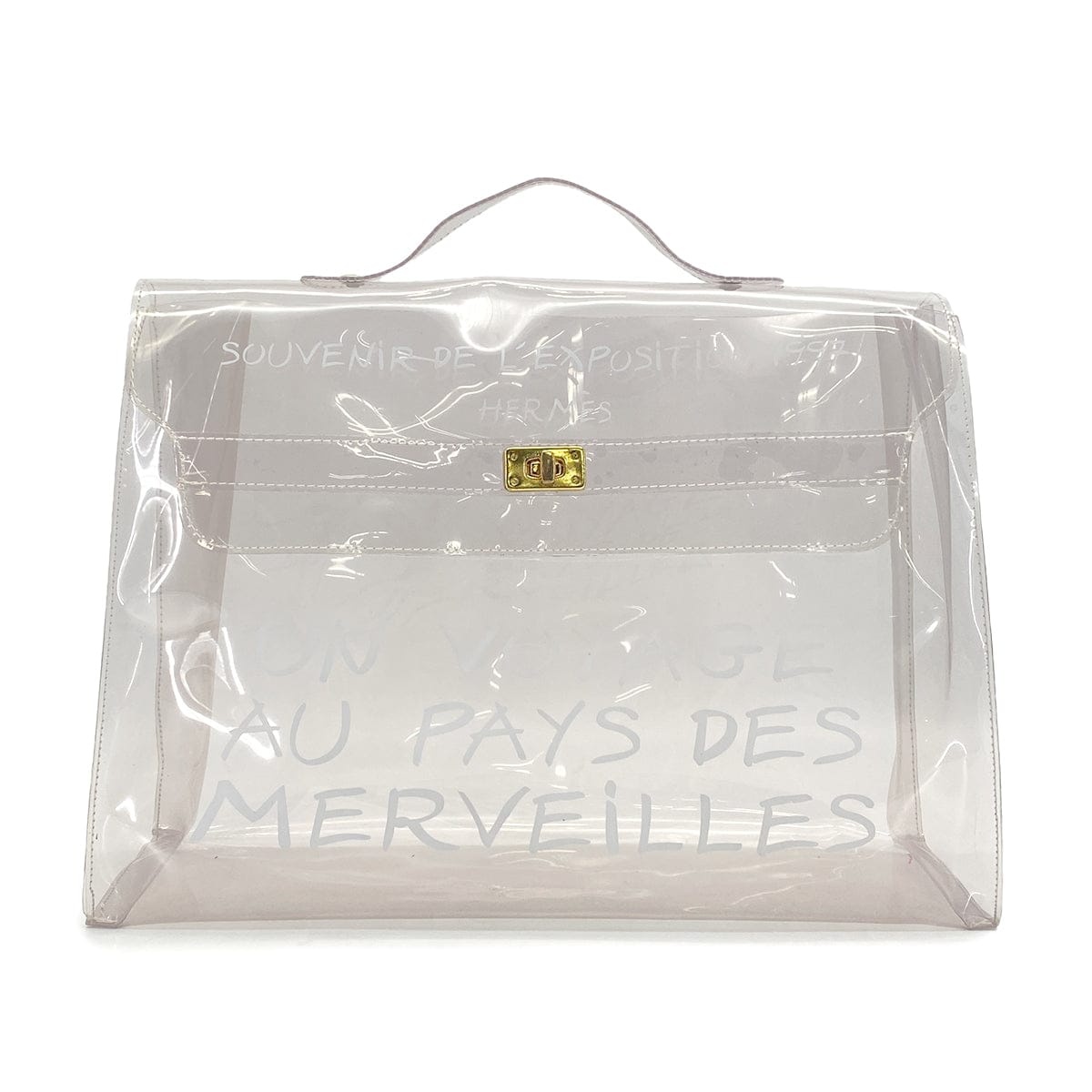 Luxury PROMISE HERMES VINYL KELLY SOUVENIR DE L' EXPOSITION 1997 CLEAR HAND BAG GOLD HARDWARE 90326201