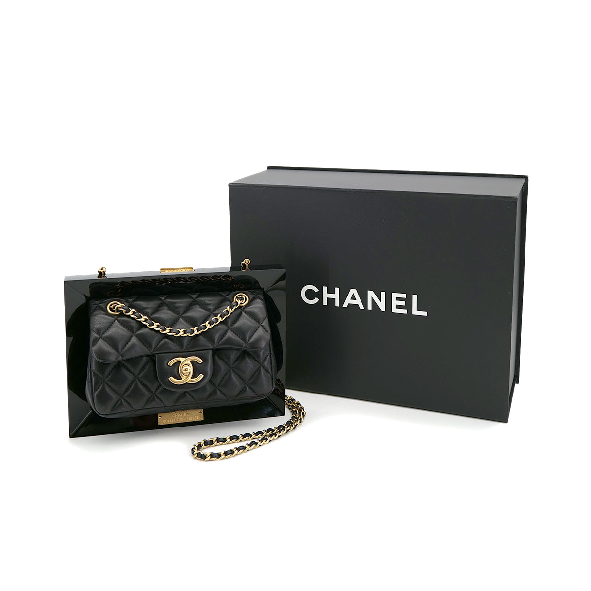 Luxury Promise Japan CHANEL 2014 COLLECTION PRIVEE FRAMED MINI MATELLASSE CHAIN SHOULDER BAG BLACK LAMB SKIN PLASTIC 90302568
