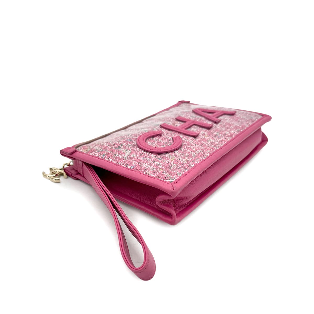 Luxury Promise Japan CHANEL 2019 SS PRET-A-PORTER COLLECTION PVC LOGO CLUTCH BAG PINK TWEED 90292785