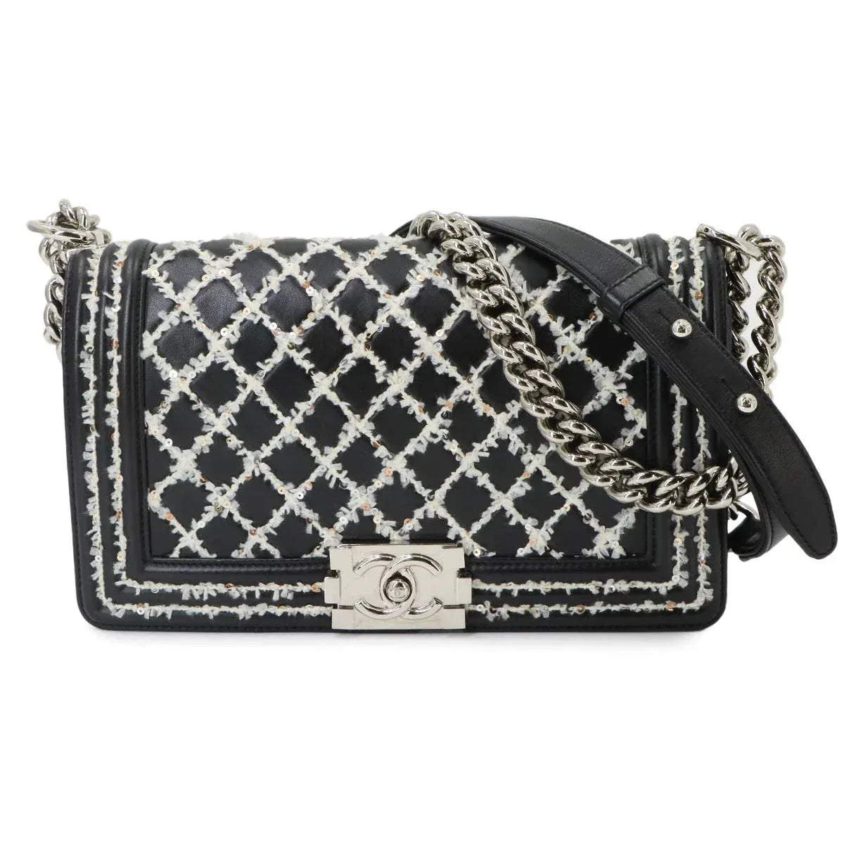 Luxury Promise Japan *CHANEL Boy Chanel Small Chain Shoulder Leather Black White Sequin 90338938