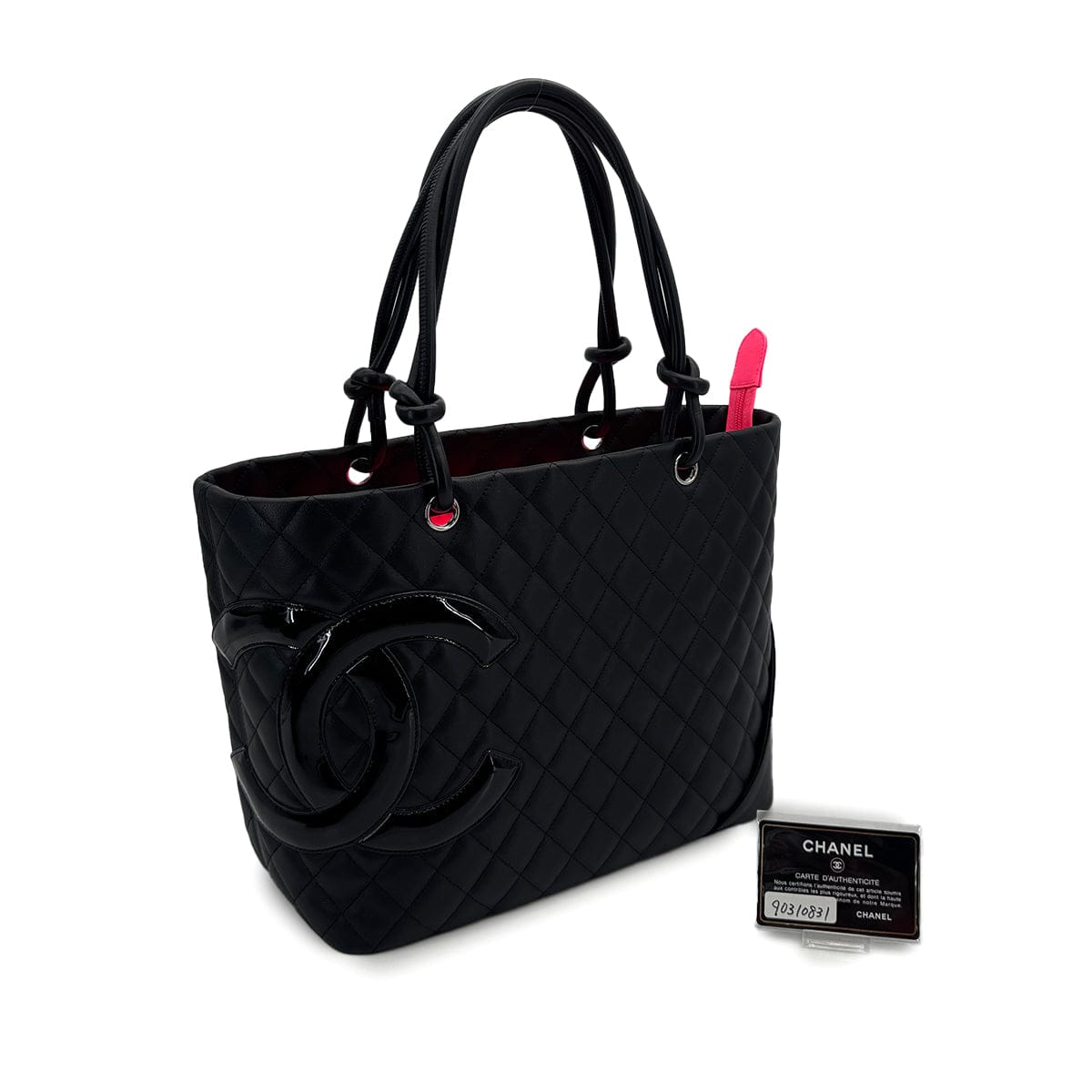 Luxury Promise Japan CHANEL CAMBON LINE COCOMARK TOTE BAG BLACK PINK ENAMEL LEATHER 90310831