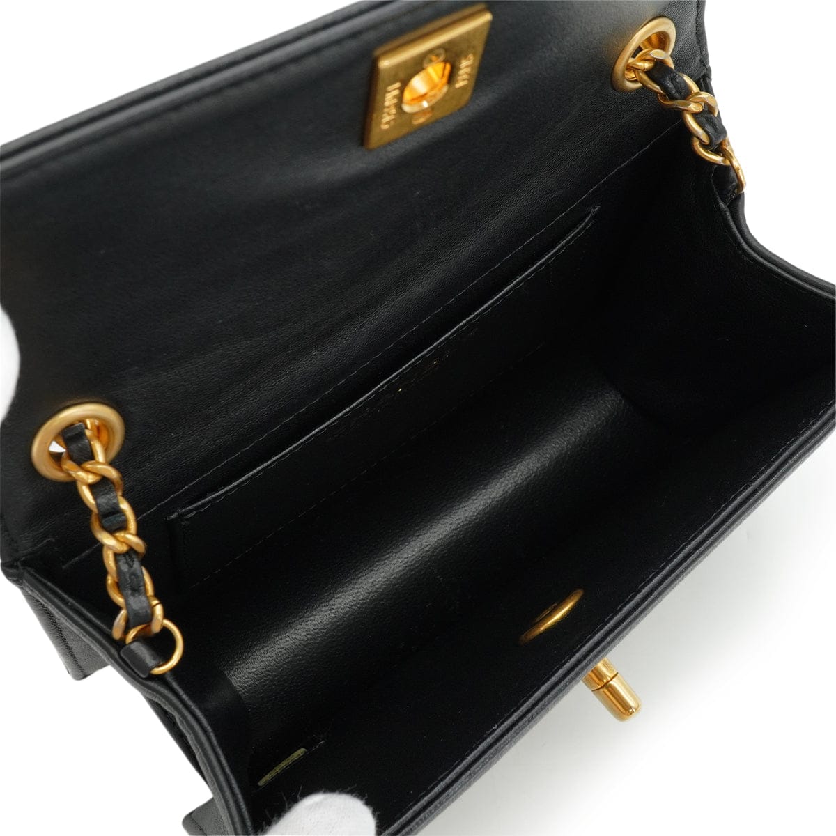 Luxury Promise Japan CHANEL CAMELLIA PATTERN METALLIC PRINT TURNLOCK CHAIN SHOULDER BAG BLACK LEATHER GOLD HARDWARE 90344459