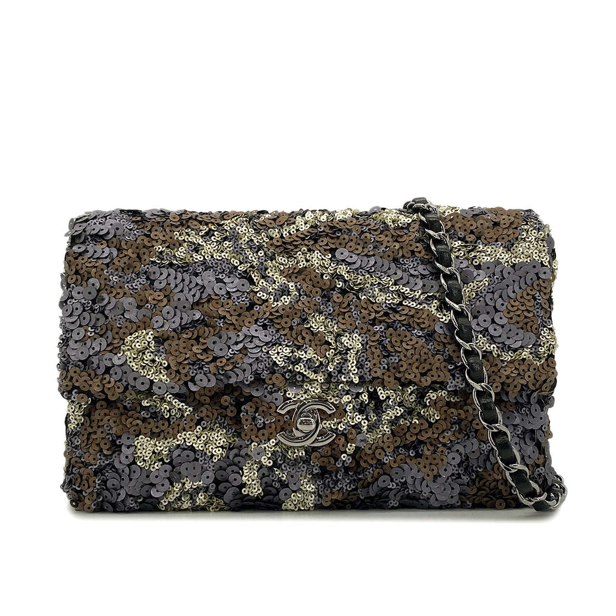 Luxury Promise Japan CHANEL CHAIN SHOULDER BAG GRAY BRONZE SEQUINS LEATHER 90296680