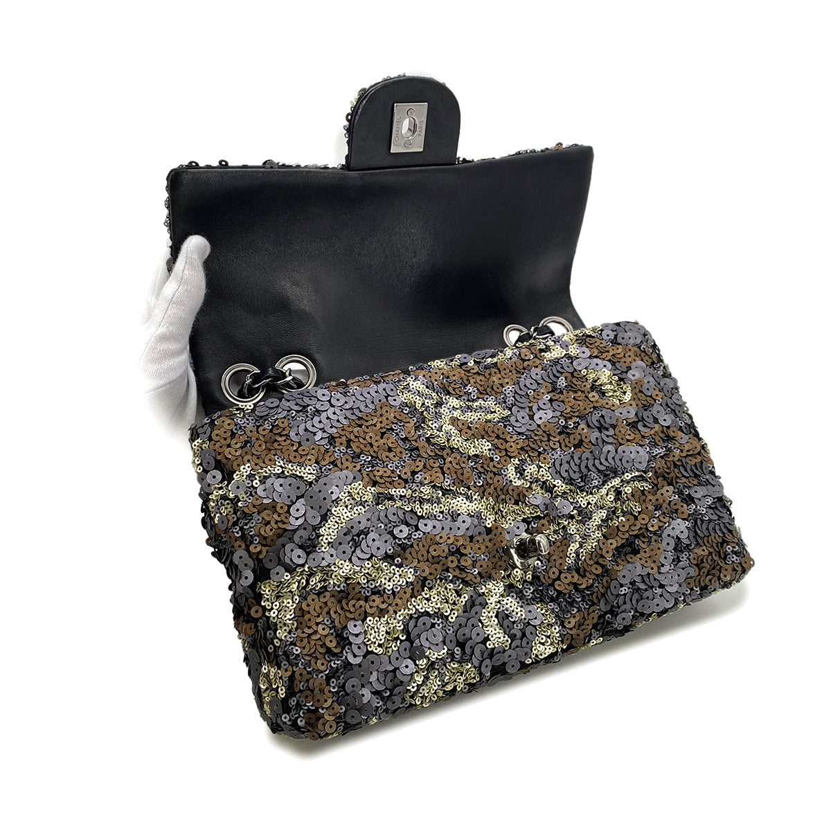 Luxury Promise Japan CHANEL CHAIN SHOULDER BAG GRAY BRONZE SEQUINS LEATHER 90296680