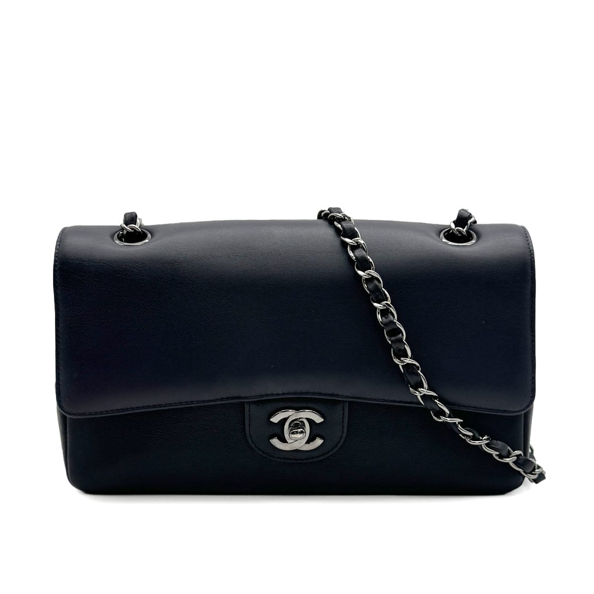 luxury promise japan CHANEL CHAIN SHOULDER BAG NAVY BLACK LEATHER RUTHENIUM HARDWARE 90317881