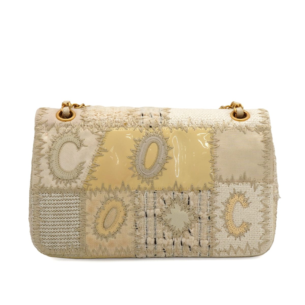 Luxury Promise Japan CHANEL CHAIN SHOULDER BAG PATCHWORK BEIGE TWEED GOLD HARDWARE 90344451