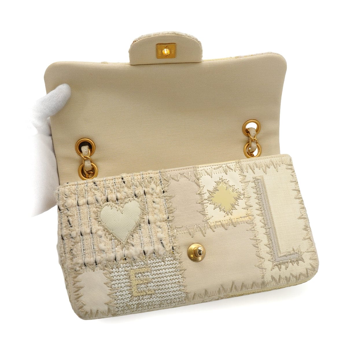 Luxury Promise Japan CHANEL CHAIN SHOULDER BAG PATCHWORK BEIGE TWEED GOLD HARDWARE 90344451