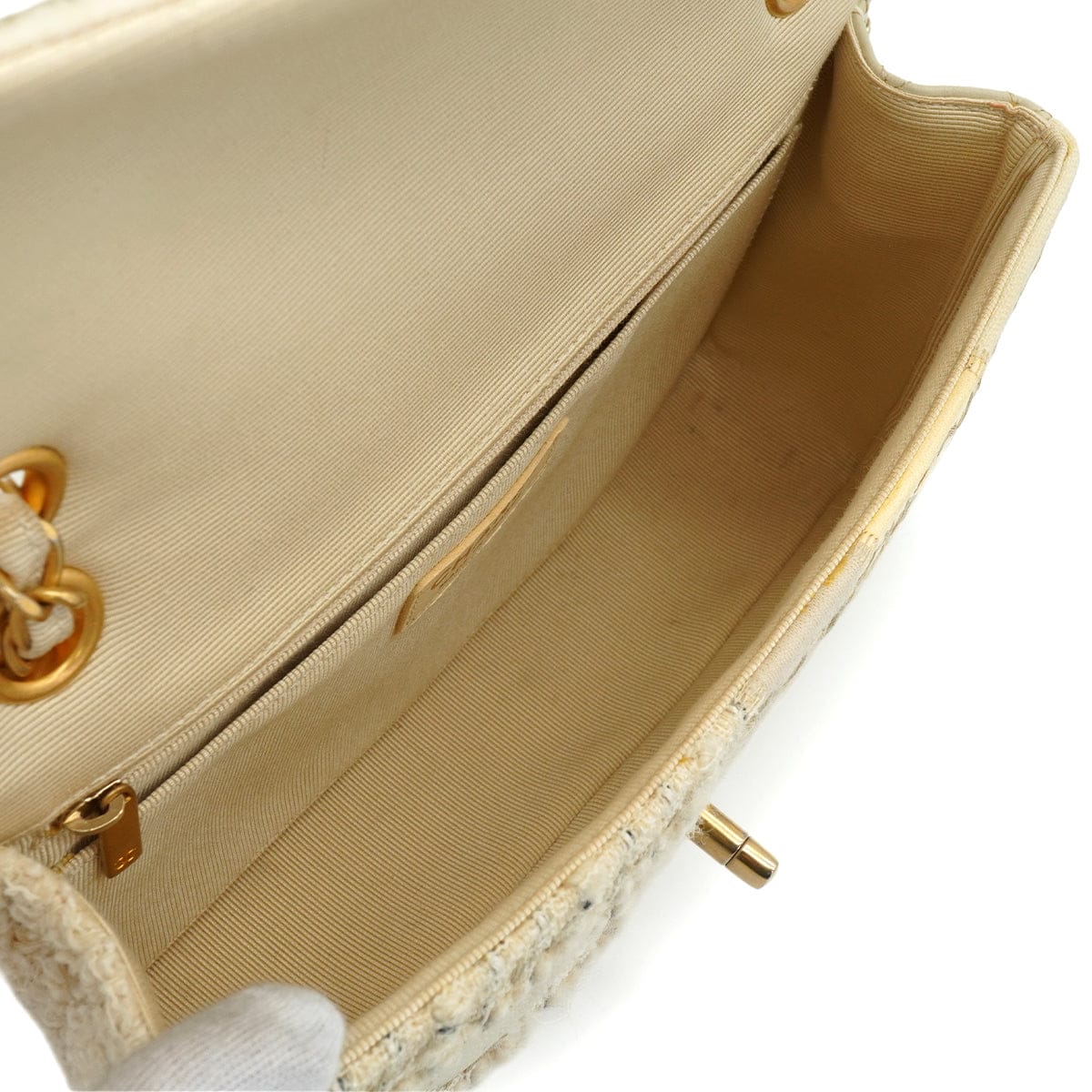 Luxury Promise Japan CHANEL CHAIN SHOULDER BAG PATCHWORK BEIGE TWEED GOLD HARDWARE 90344451