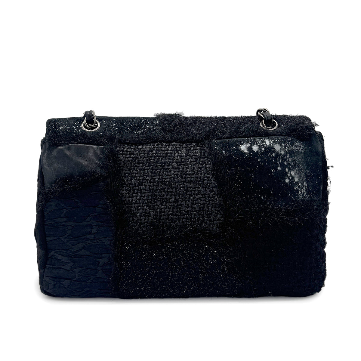 Luxury Promise Japan CHANEL CHAIN SHOULDER BAG PATCHWORK BLACK TWEED LEATHER 90271966