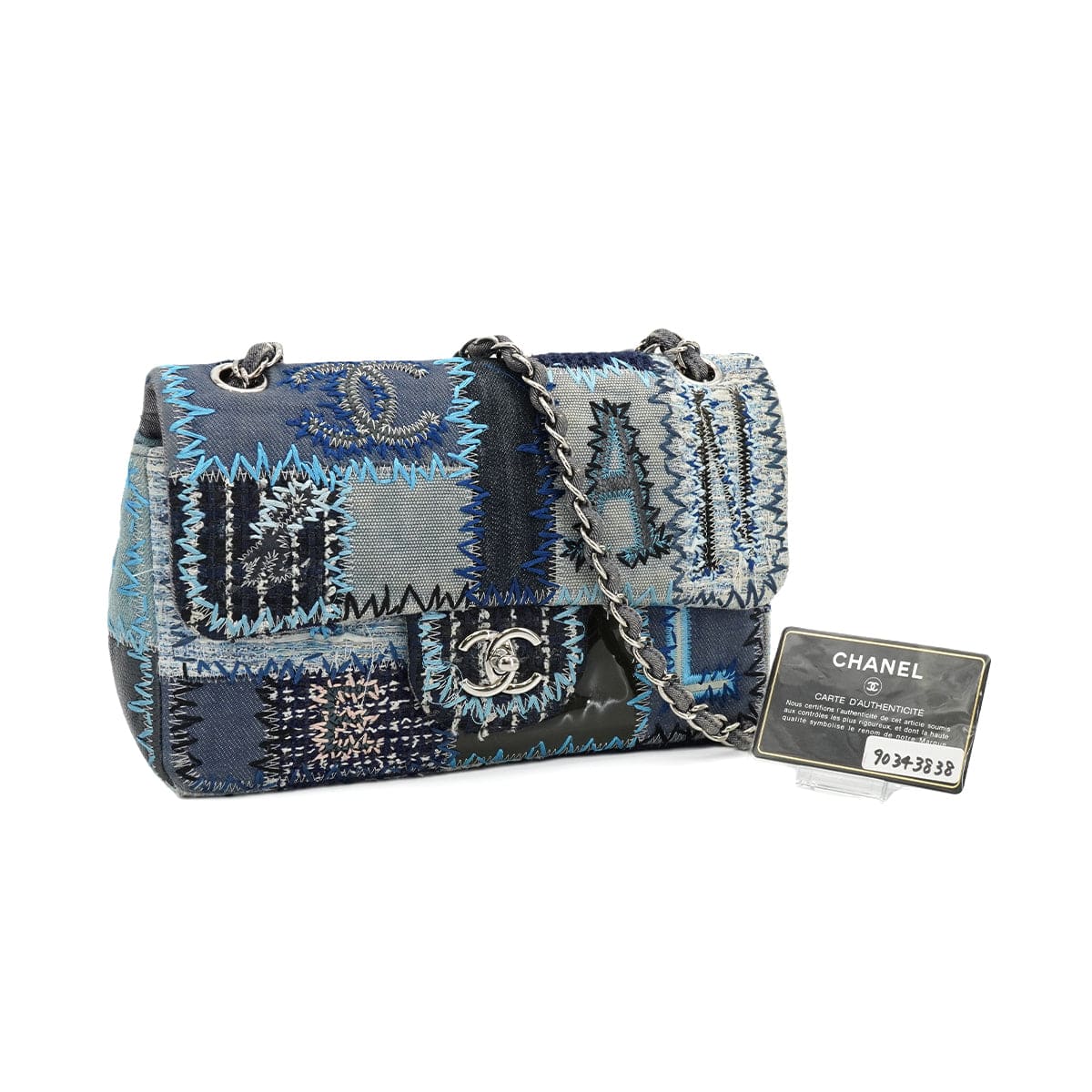 Luxury Promise Japan CHANEL CHAIN SHOULDER BAG PATCHWORK MULTICOLOR DENIM TWEED SILVER HARDWARE 90343838