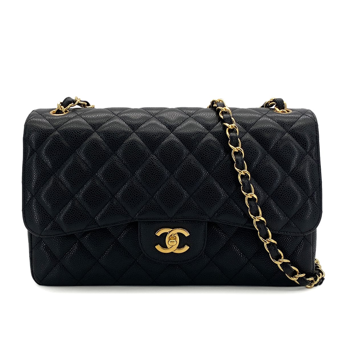 Luxury Promise Japan CHANEL CLASSIC FLAP JUMBO CHAIN SHOULDER BAG BLACK CAVIAR SKIN GOLD HARDWARE 90323977