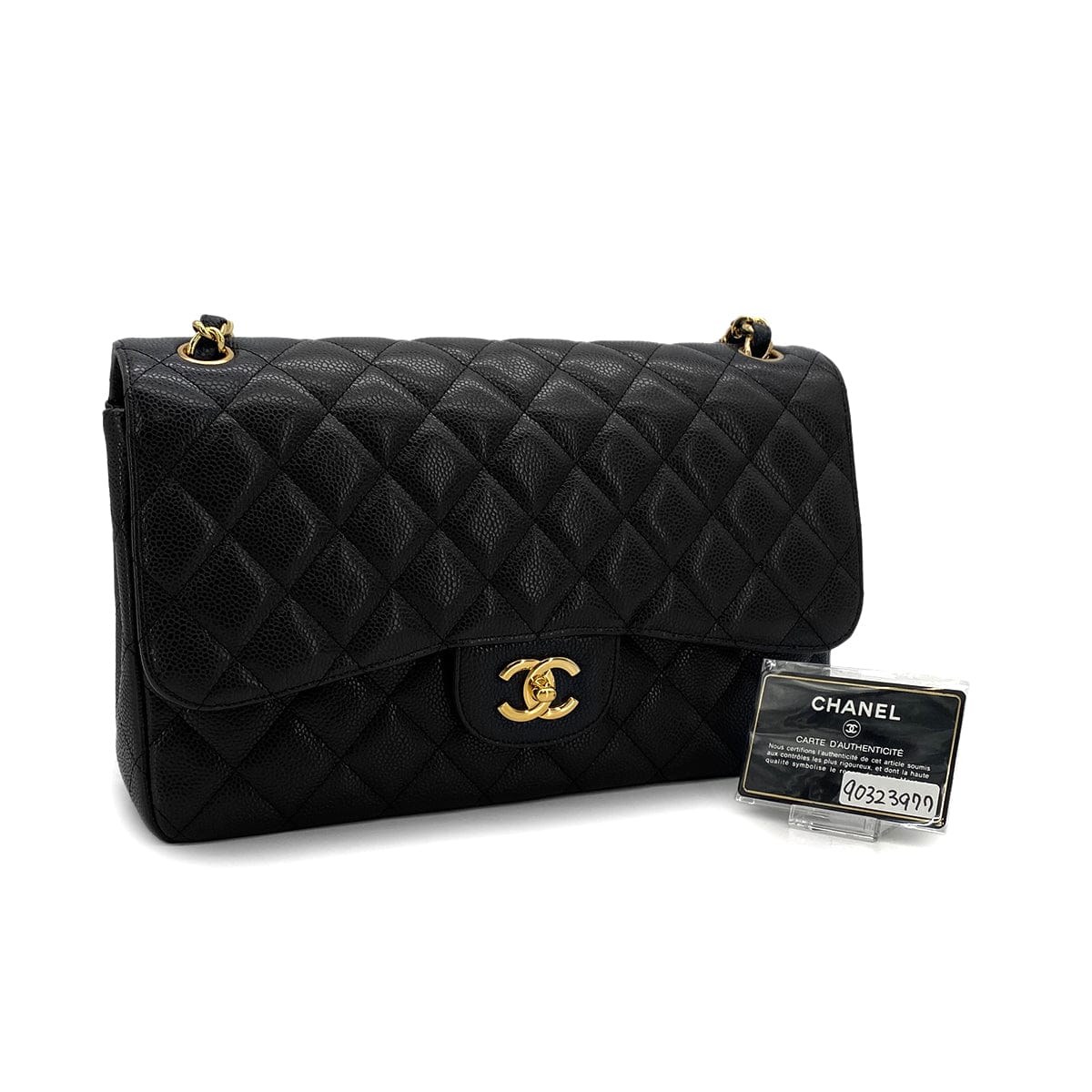 Luxury Promise Japan CHANEL CLASSIC FLAP JUMBO CHAIN SHOULDER BAG BLACK CAVIAR SKIN GOLD HARDWARE 90323977